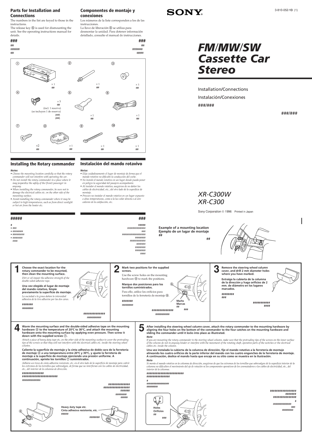 Sony XR-C300W operating instructions ###, Installing the Rotary commander, Instalación del mando rotavivo 