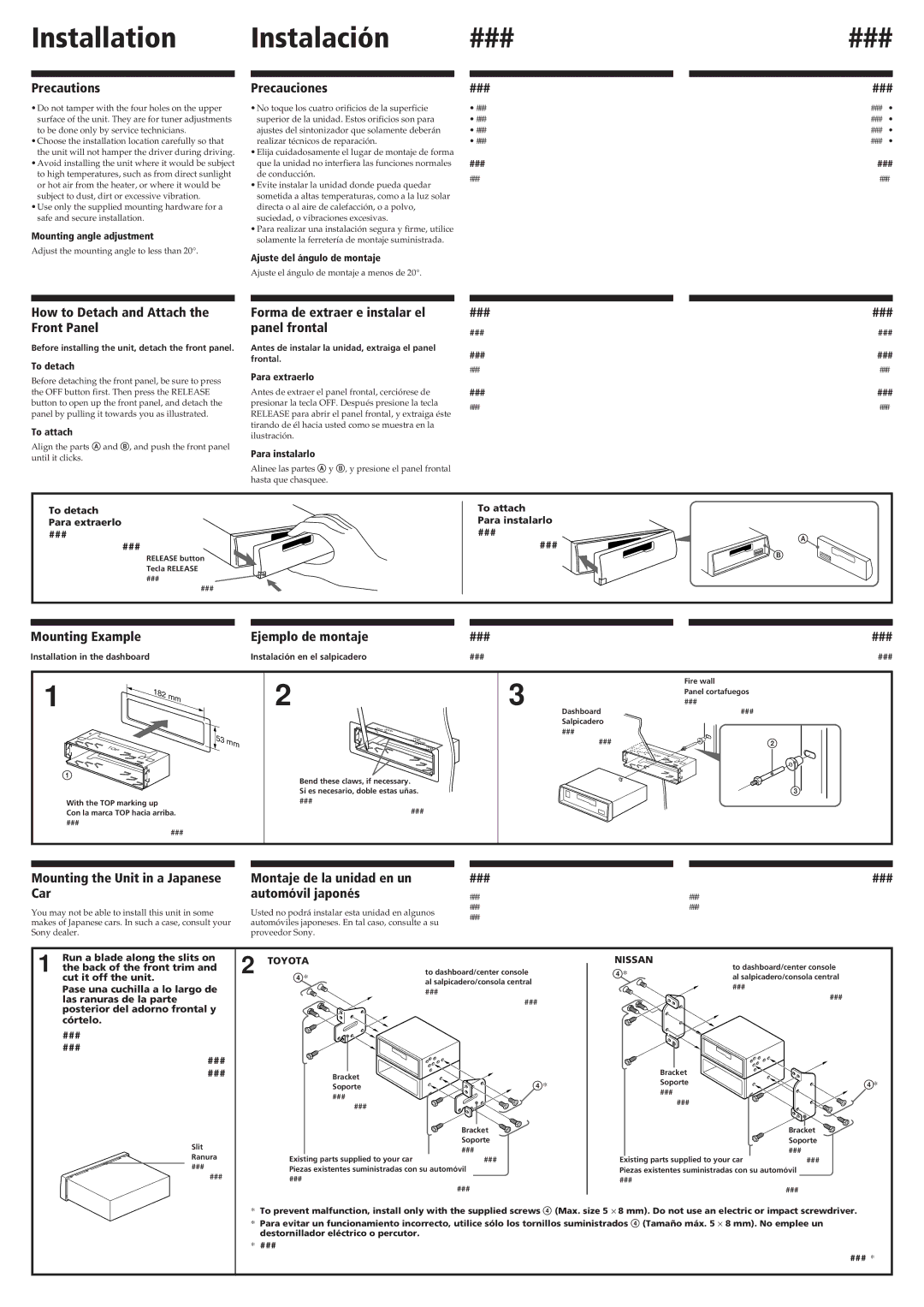 Sony XR-C300W Precautions, How to Detach and Attach the Front Panel, Forma de extraer e instalar el panel frontal 