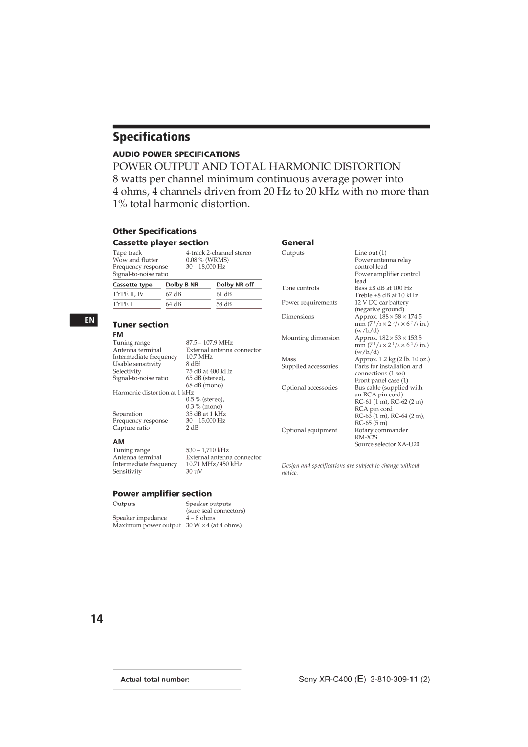 Sony XR-C400 Other Specifications Cassette player section, Tuner section, General, Power amplifier section 