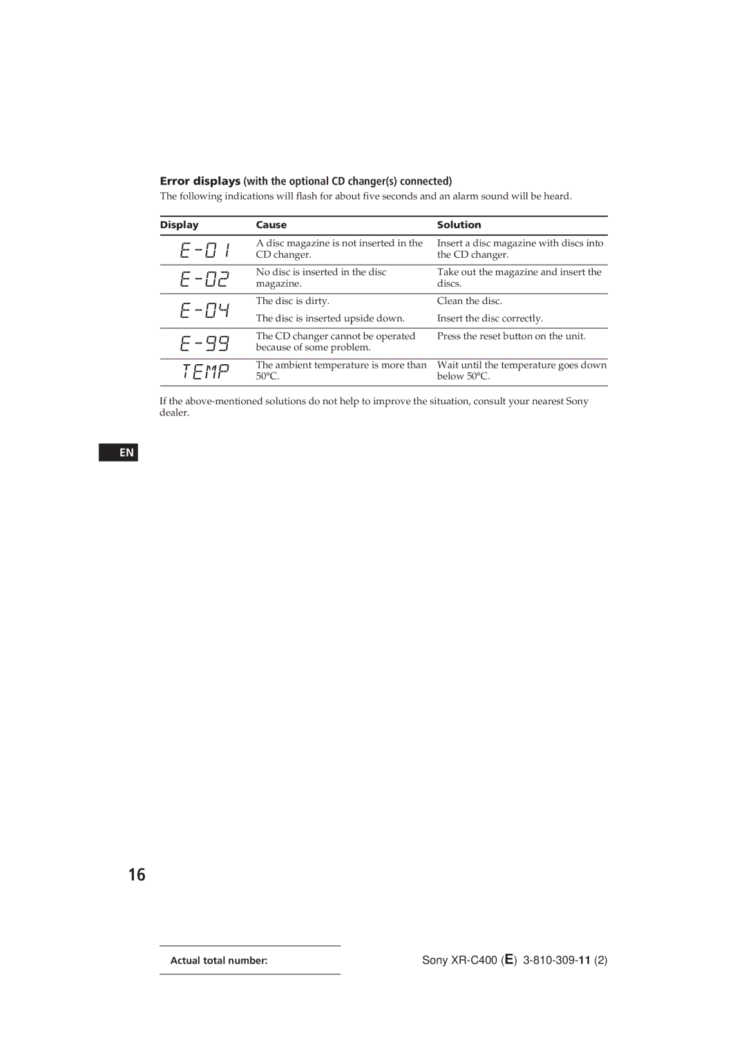 Sony XR-C400 operating instructions Error displays with the optional CD changers connected, Display Cause Solution 