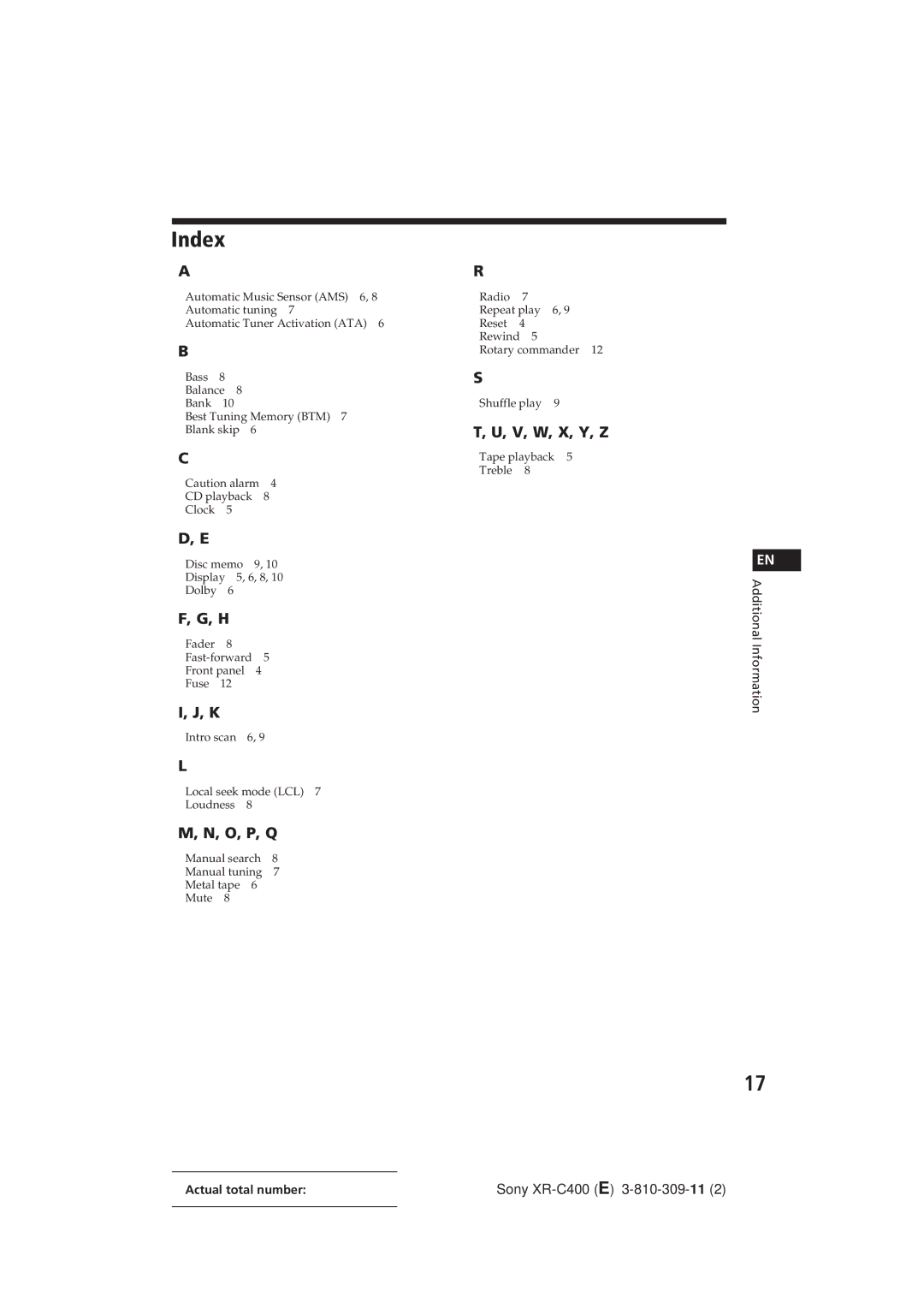 Sony XR-C400 operating instructions Index, V, W, X, Y, Z 