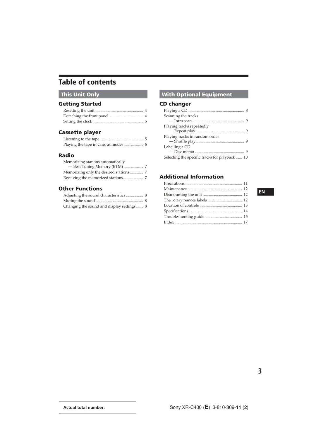 Sony XR-C400 operating instructions Table of contents 