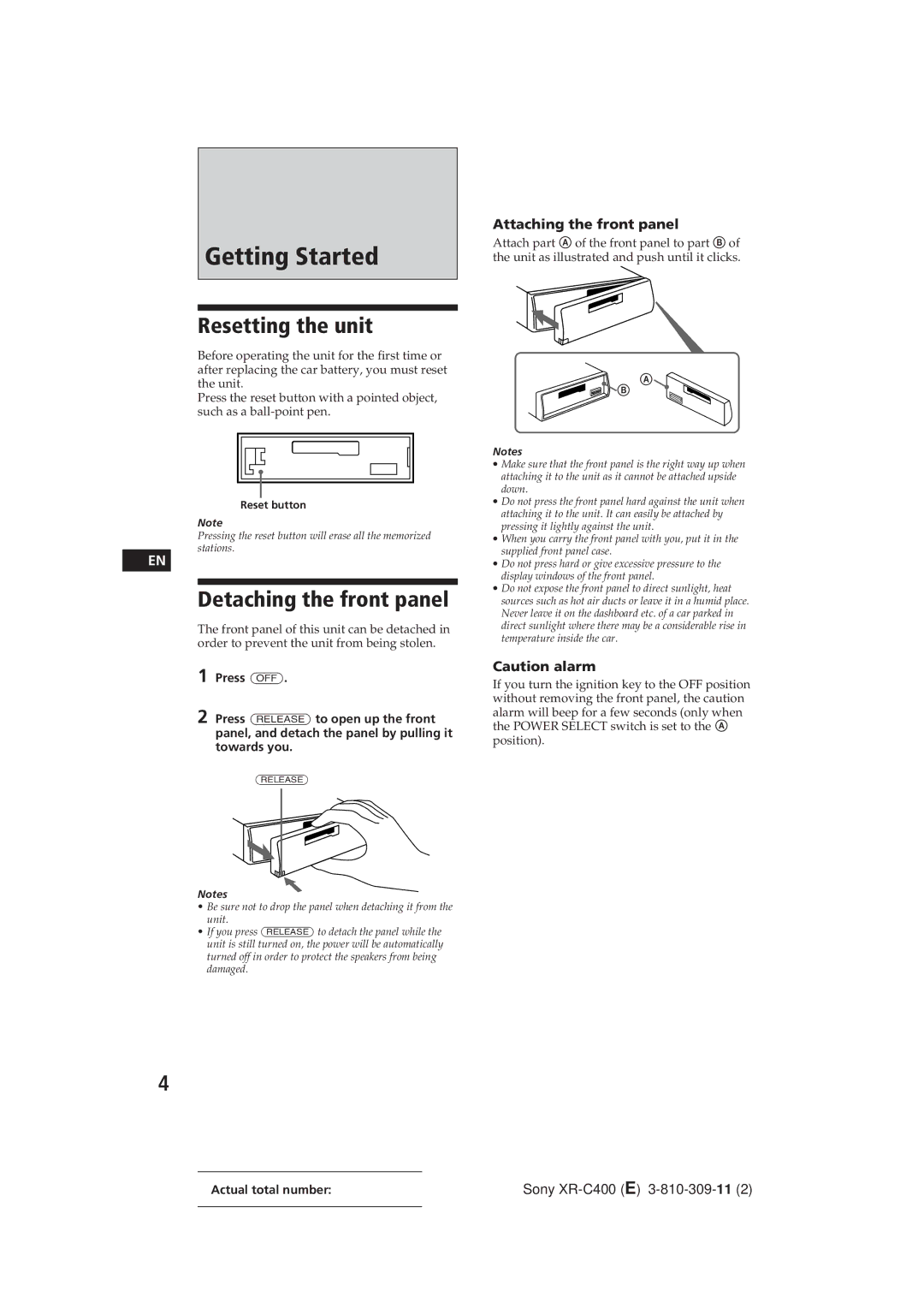 Sony XR-C400 Getting Started, Resetting the unit, Detaching the front panel, Attaching the front panel 