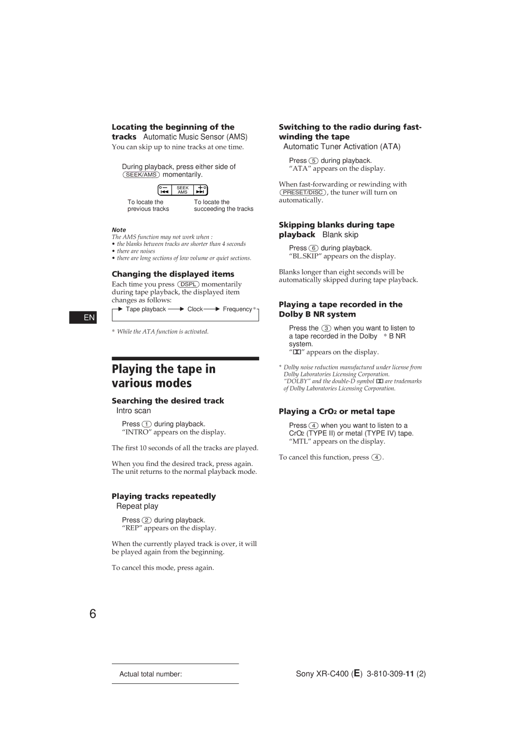 Sony XR-C400 operating instructions Playing the tape in various modes 