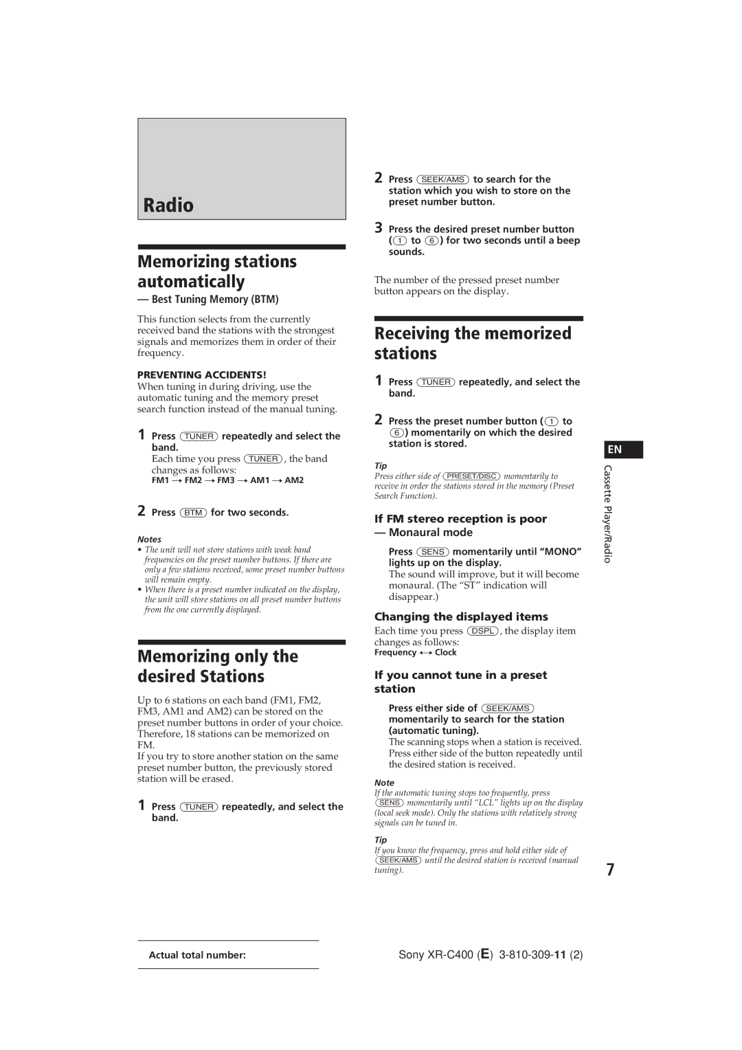 Sony XR-C400 operating instructions Radio, Receiving the memorized stations 