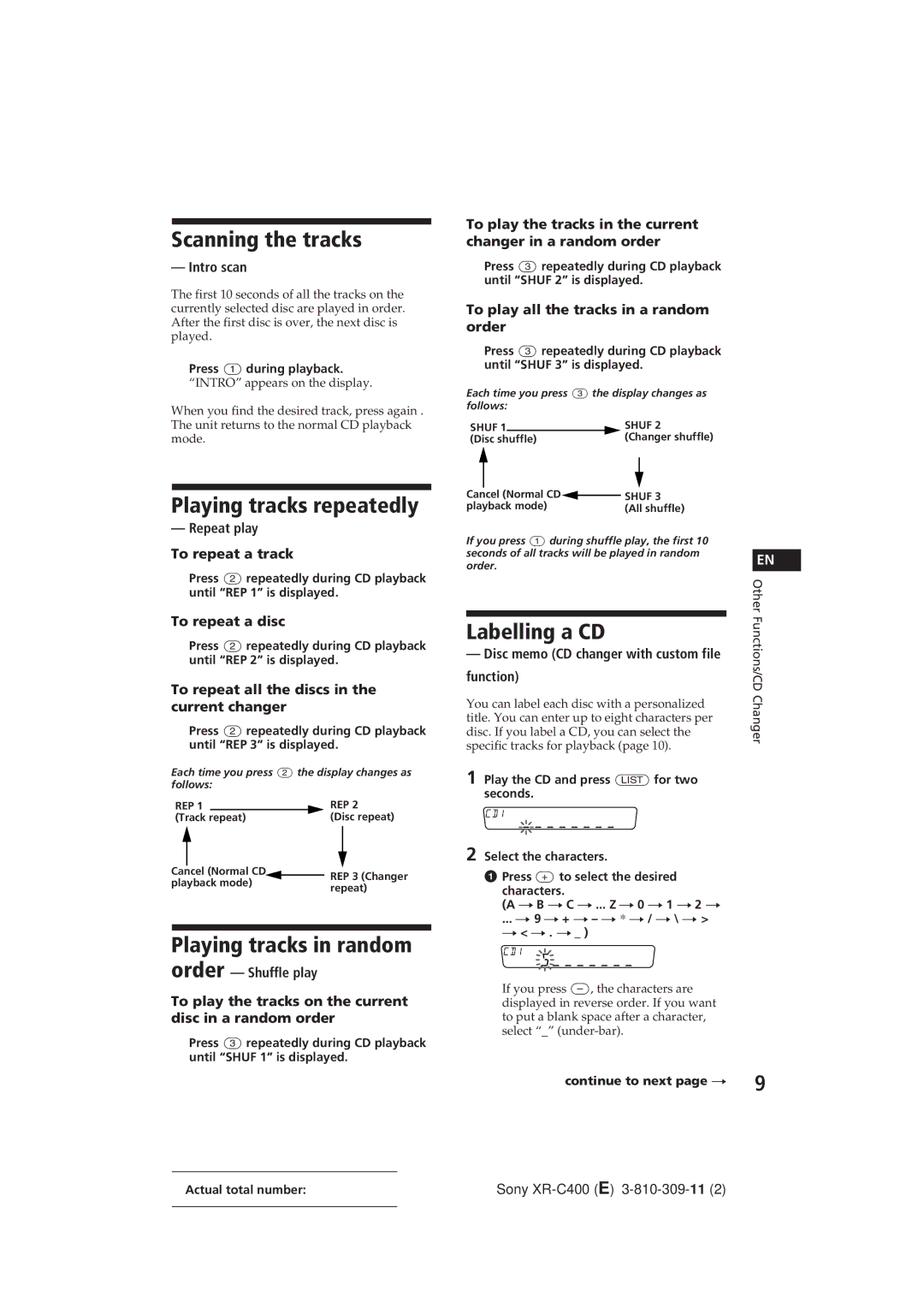 Sony XR-C400 Scanning the tracks, Playing tracks repeatedly, Playing tracks in random, Labelling a CD 