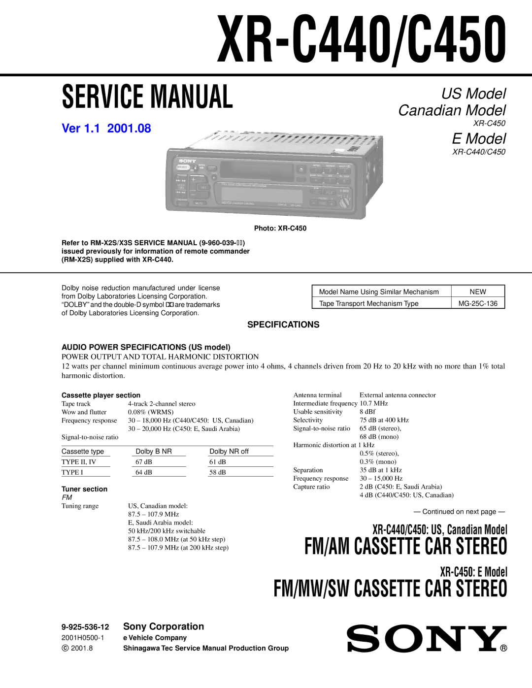 Sony XR-C440 service manual Audio Power Specifications US model, 925-536-12, New 