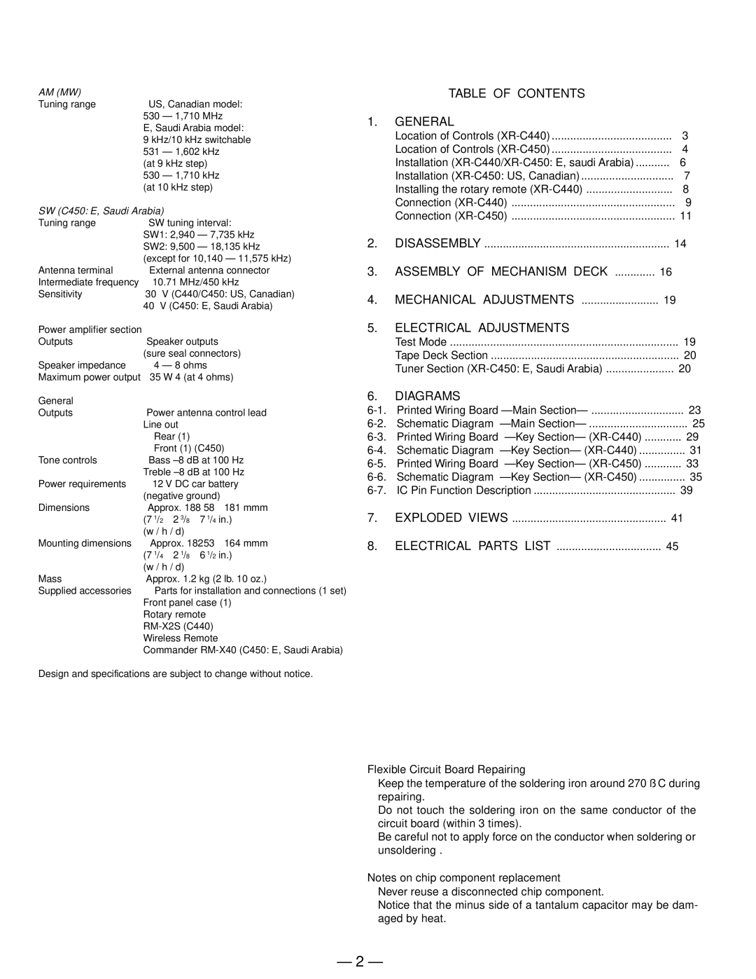 Sony XR-C440 service manual Table of Contents General, Assembly of Mechanism Deck, Electrical Adjustments, Diagrams 