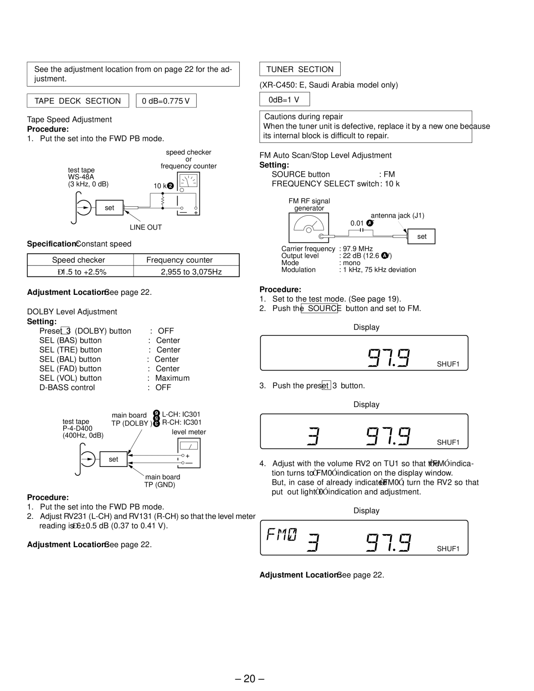 Sony XR-C440 service manual DB=0.775, Tape Speed Adjustment, Speed checker Frequency counter, Dolby Level Adjustment 