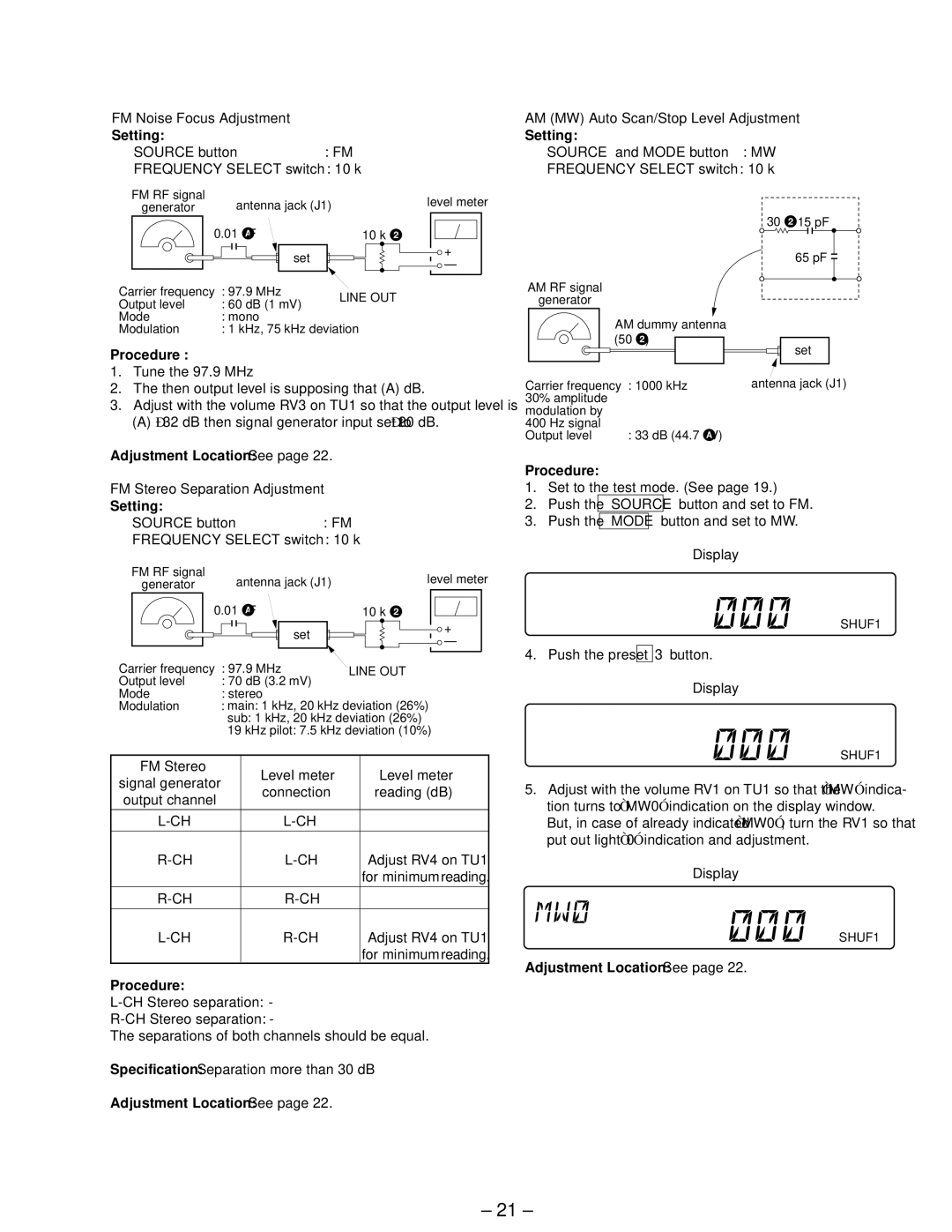 Sony XR-C440 FM Noise Focus Adjustment, AM MW Auto Scan/Stop Level Adjustment, FM Stereo Separation Adjustment 