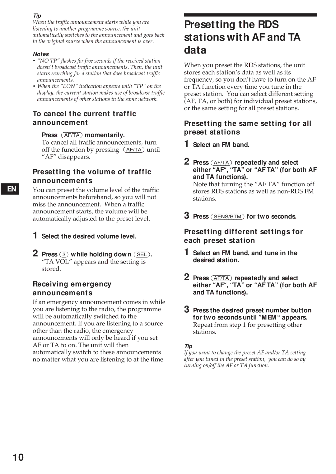 Sony XR-C440RDS, XR-C540RDS operating instructions Presetting the RDS stations with AF and TA data 