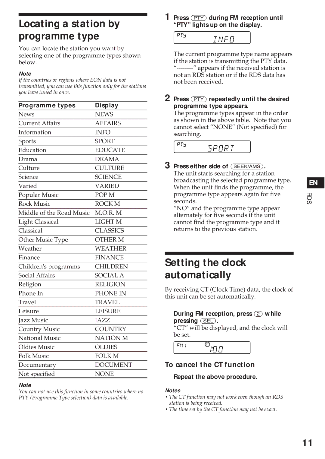 Sony XR-C540RDS Locating a station by programme type, Setting the clock automatically, To cancel the CT function 