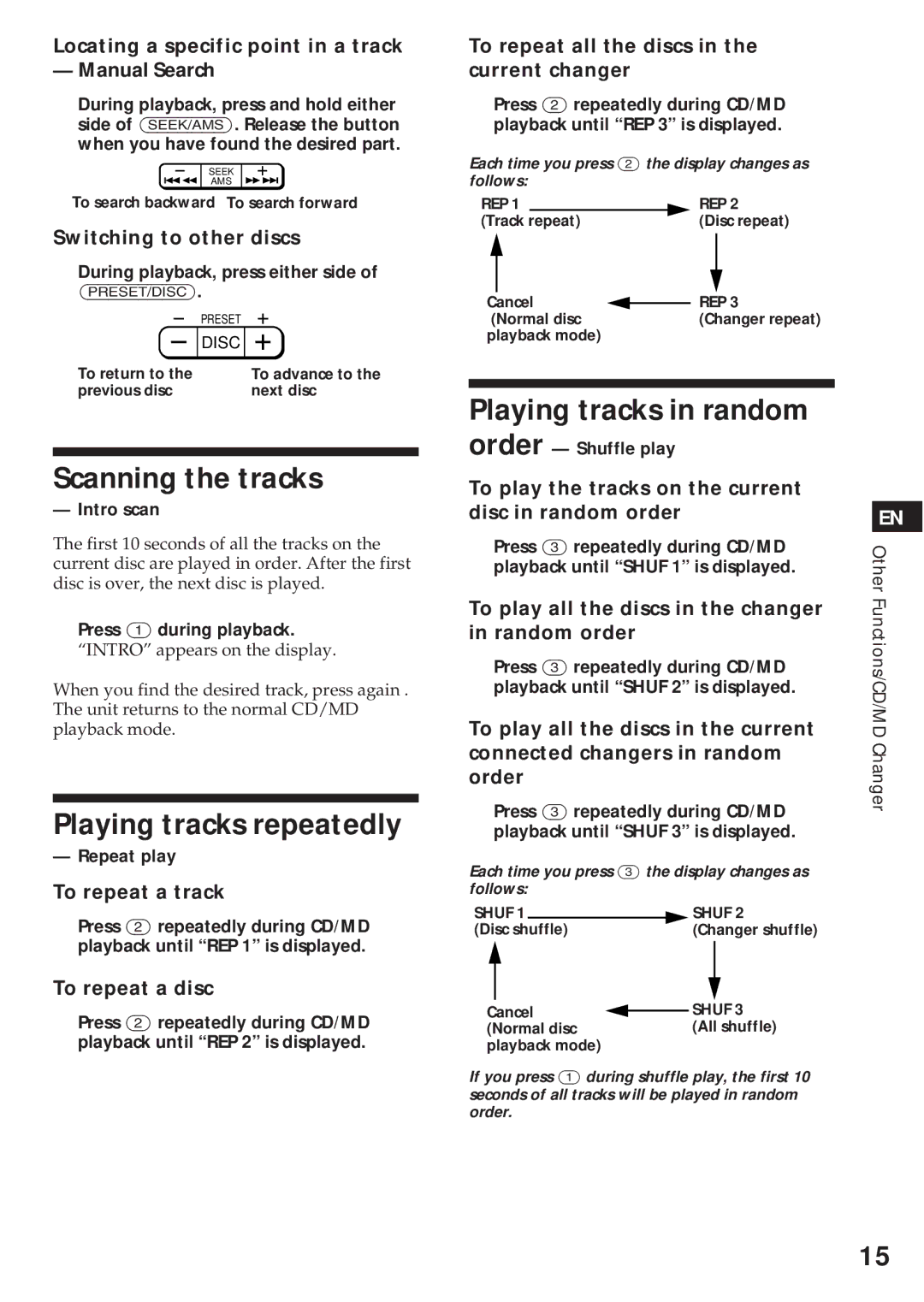 Sony XR-C540RDS, XR-C440RDS operating instructions Scanning the tracks, Playing tracks repeatedly, Playing tracks in random 