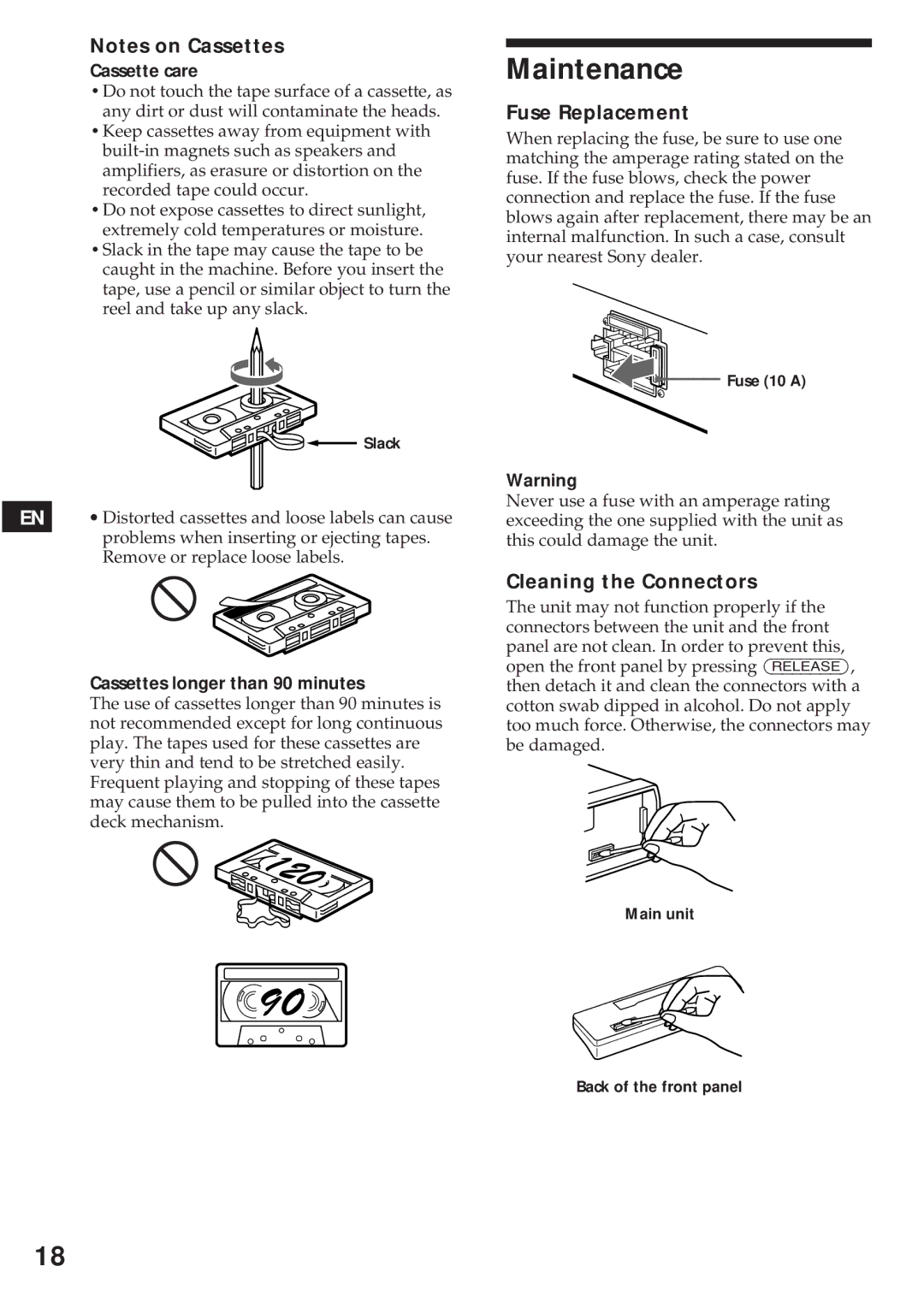 Sony XR-C440RDS Maintenance, Fuse Replacement, Cleaning the Connectors, Cassette care, Cassettes longer than 90 minutes 