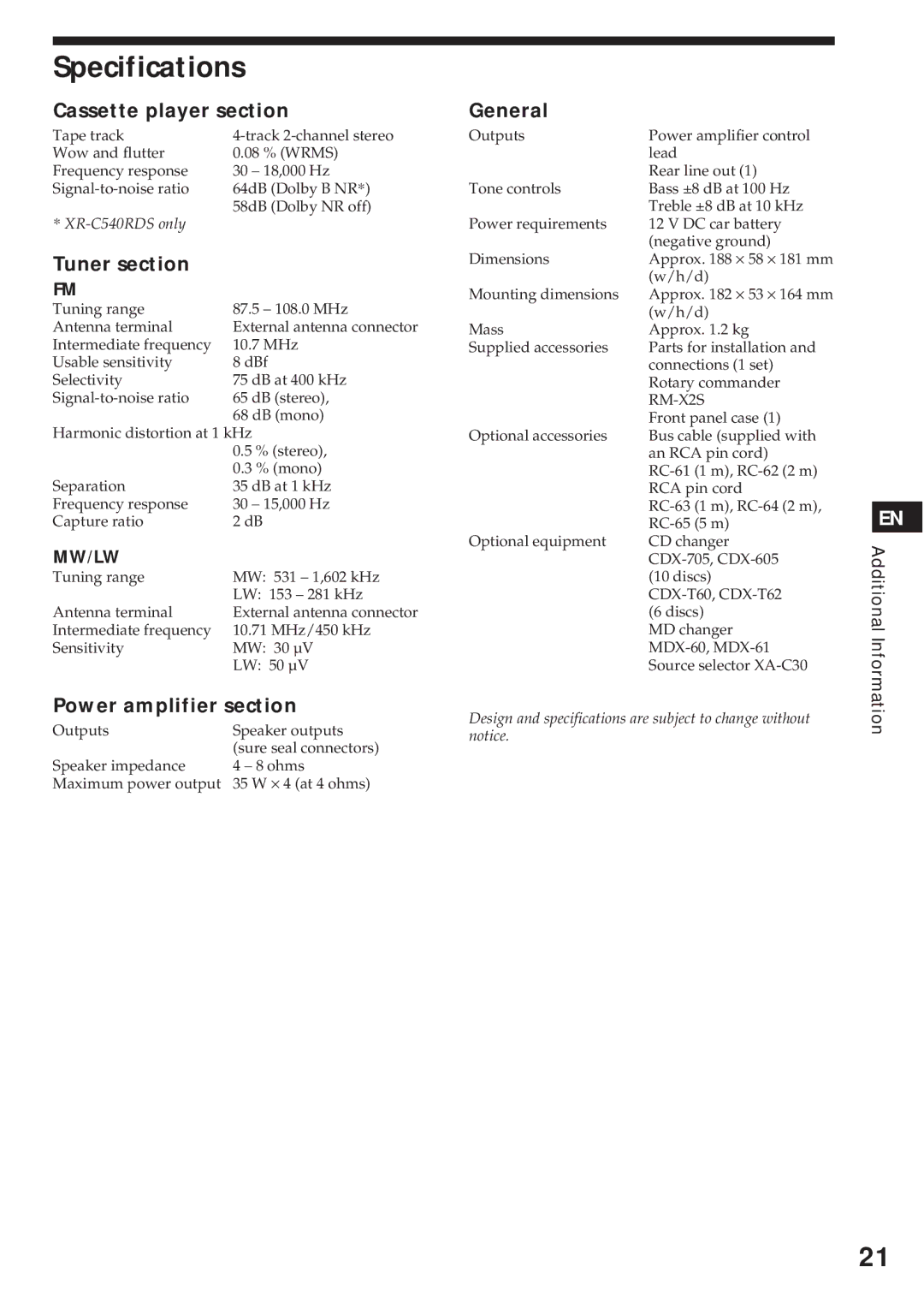 Sony XR-C540RDS, XR-C440RDS Specifications, Cassette player section, Tuner section, Power amplifier section, General 