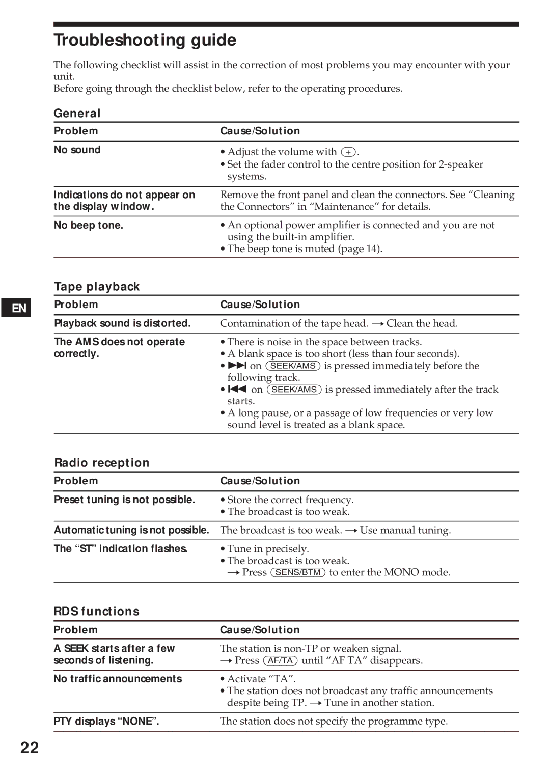 Sony XR-C440RDS, XR-C540RDS operating instructions Troubleshooting guide, Tape playback, Radio reception, RDS functions 