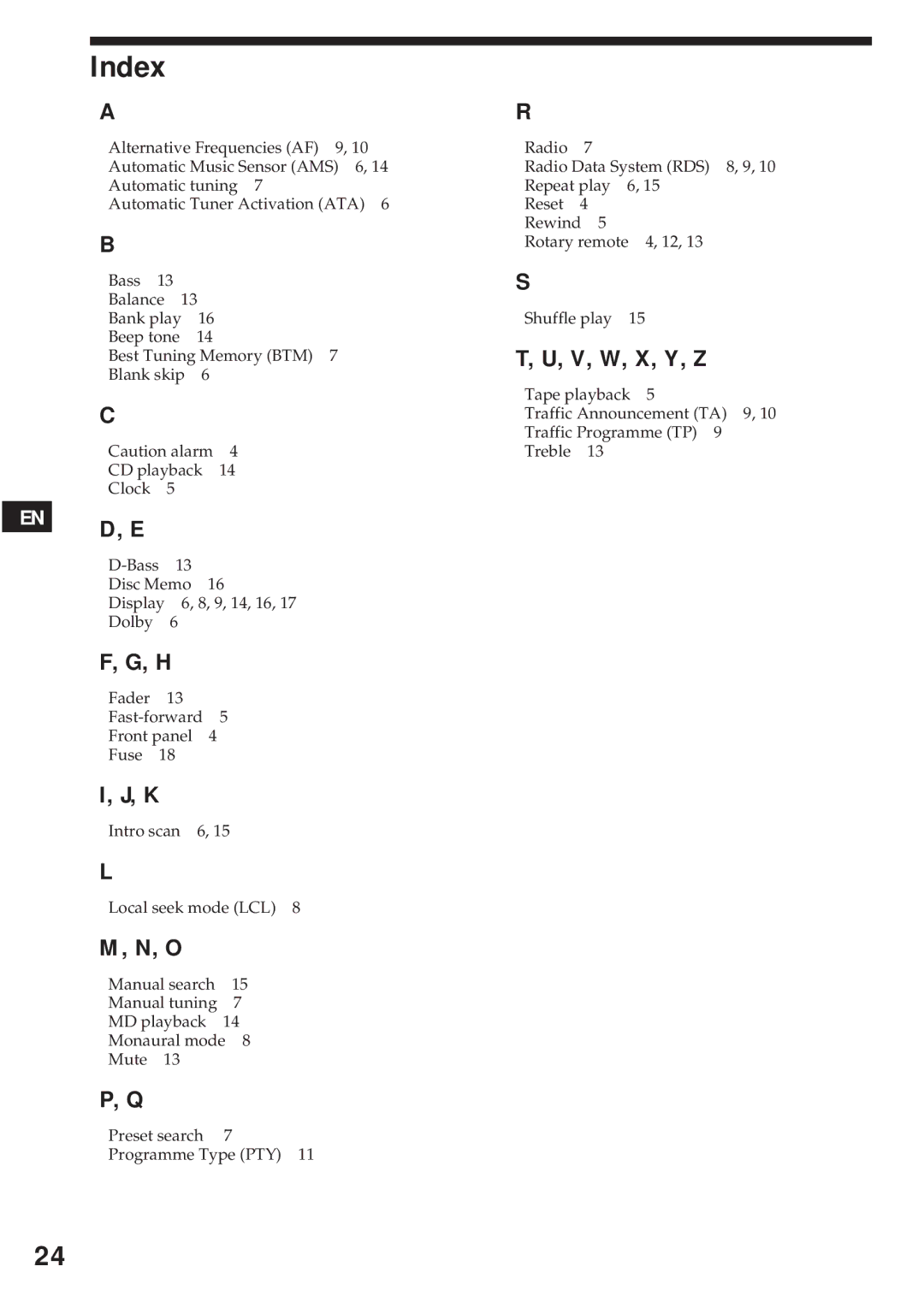 Sony XR-C440RDS, XR-C540RDS operating instructions Index 