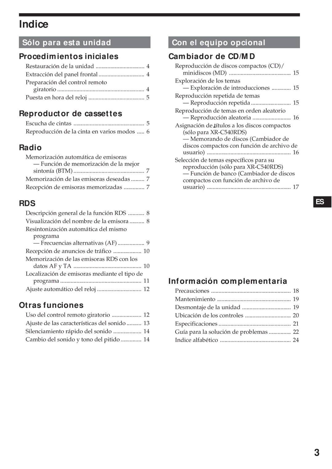 Sony XR-C540RDS, XR-C440RDS operating instructions Indice, Sólo para esta unidad 