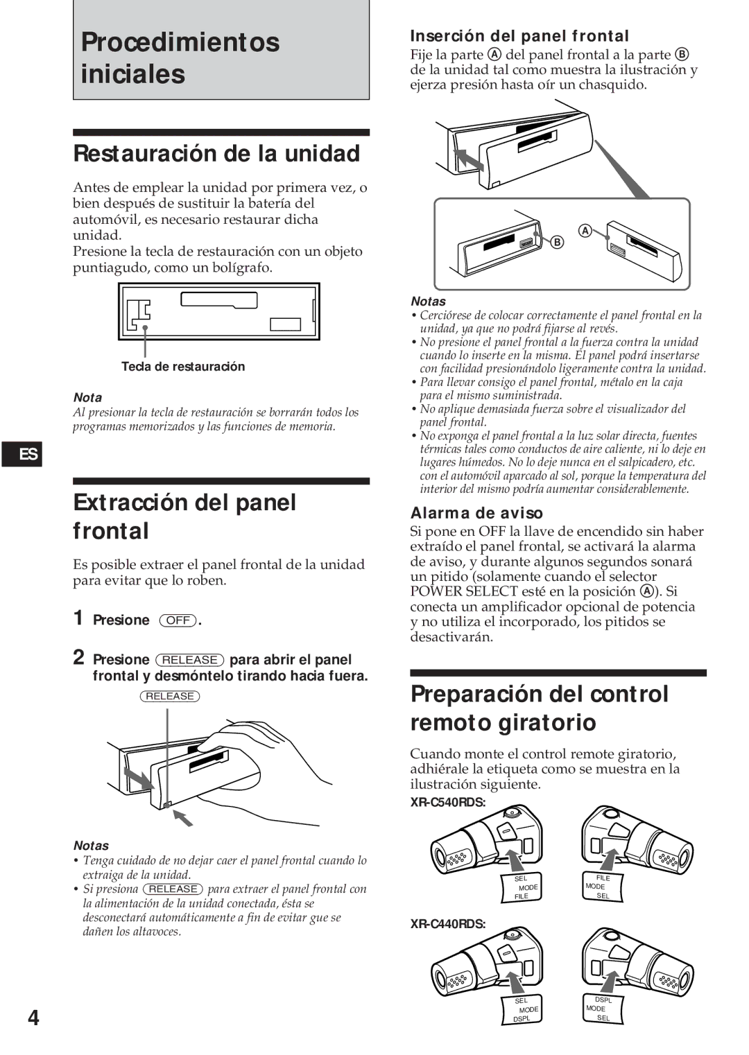 Sony XR-C440RDS Restauración de la unidad, Extracción del panel frontal, Preparación del control remoto giratorio 