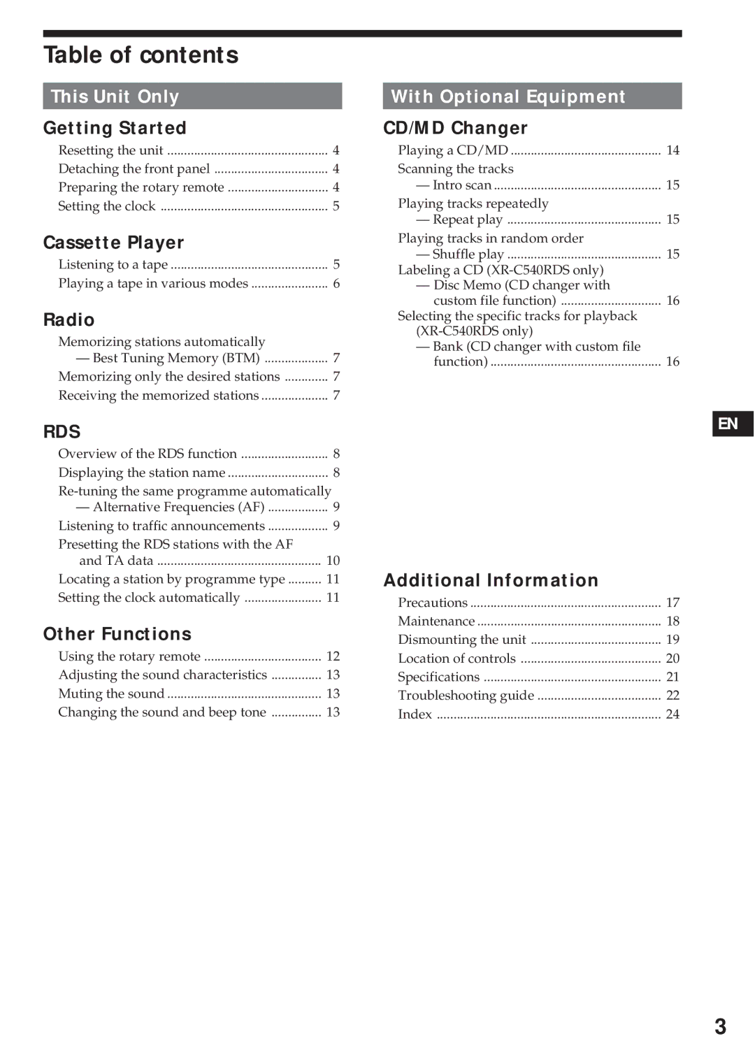 Sony XR-C540RDS, XR-C440RDS operating instructions Table of contents 