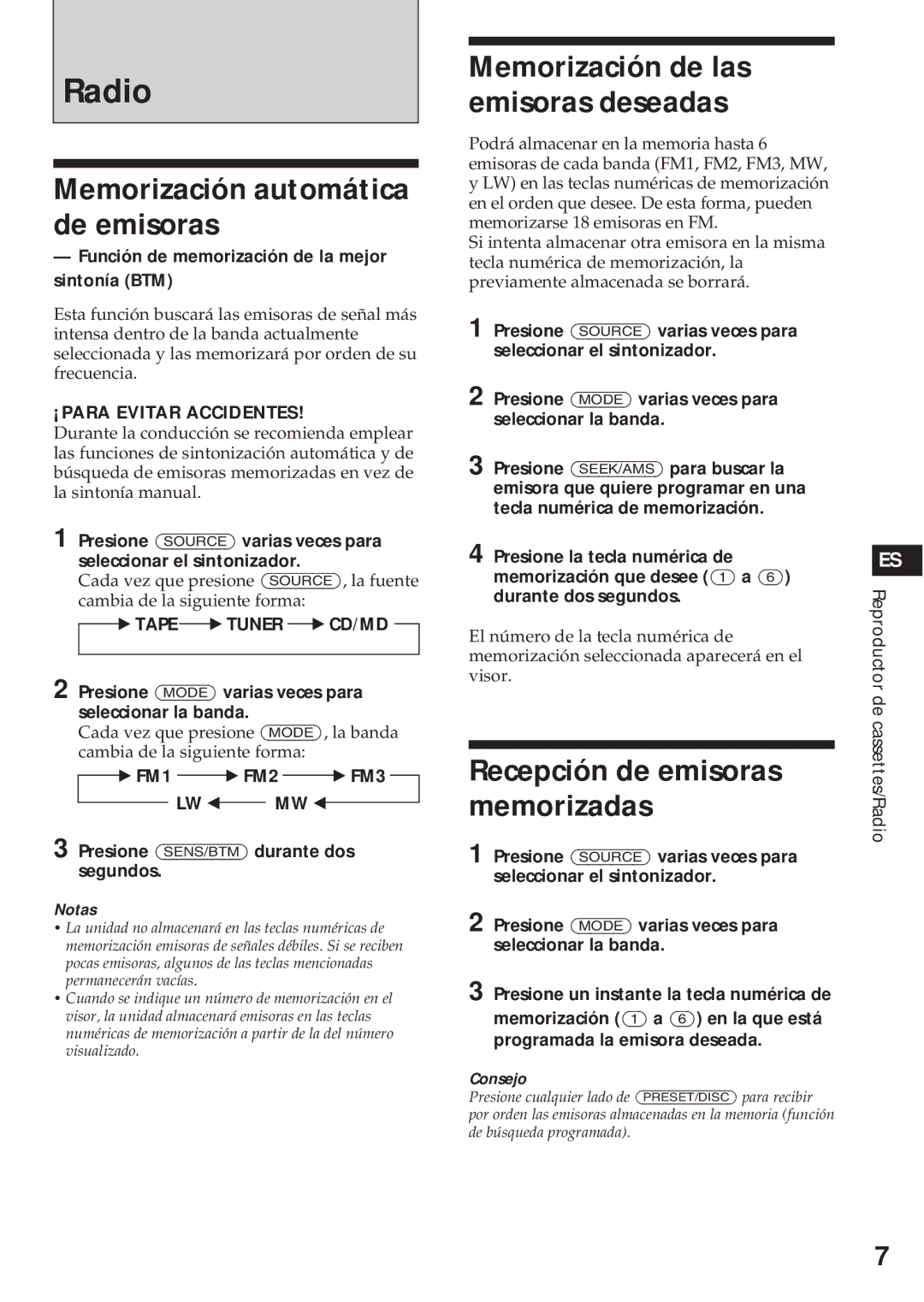 Sony XR-C540RDS, XR-C440RDS Memorización automática de emisoras, Memorización de las emisoras deseadas 