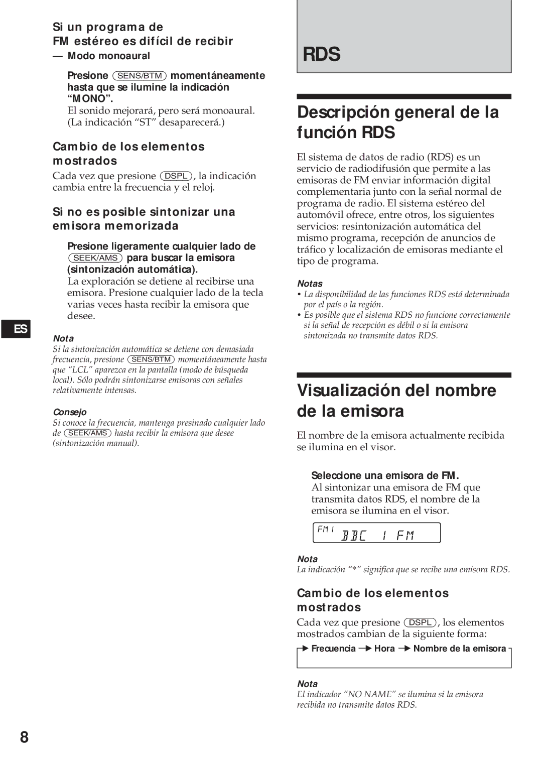 Sony XR-C440RDS, XR-C540RDS Descripción general de la función RDS, Visualización del nombre de la emisora 