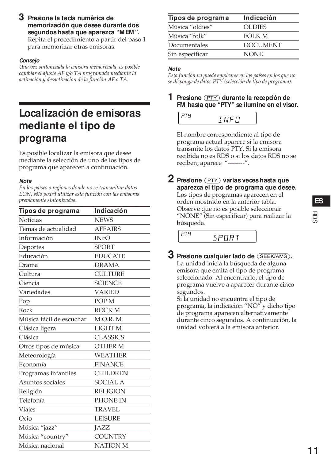 Sony XR-C540RDS, XR-C440RDS Localización de emisoras mediante el tipo de programa, Tipos de programa Indicación 