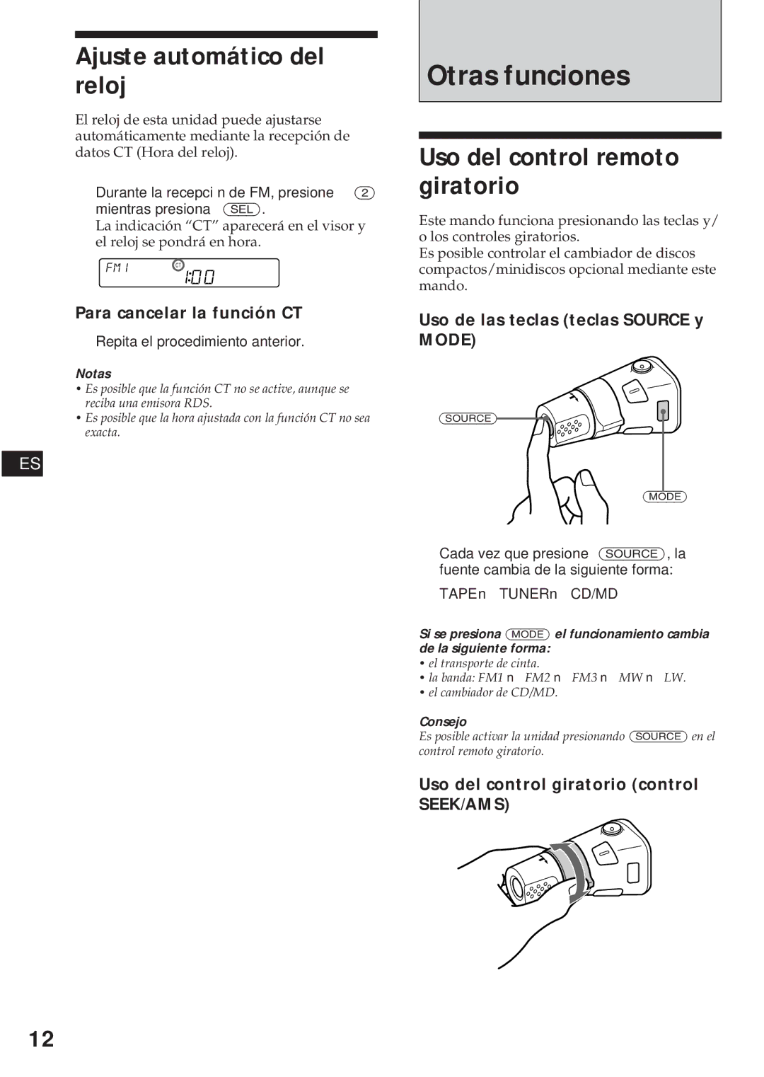 Sony XR-C440RDS, XR-C540RDS Otras funciones, Ajuste automático del reloj, Uso del control remoto giratorio 