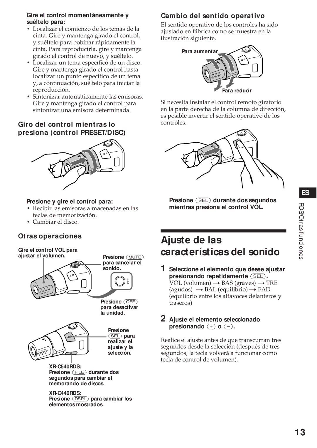 Sony XR-C540RDS Ajuste de las, Características del sonido, Giro del control mientras lo presiona control PRESET/DISC 