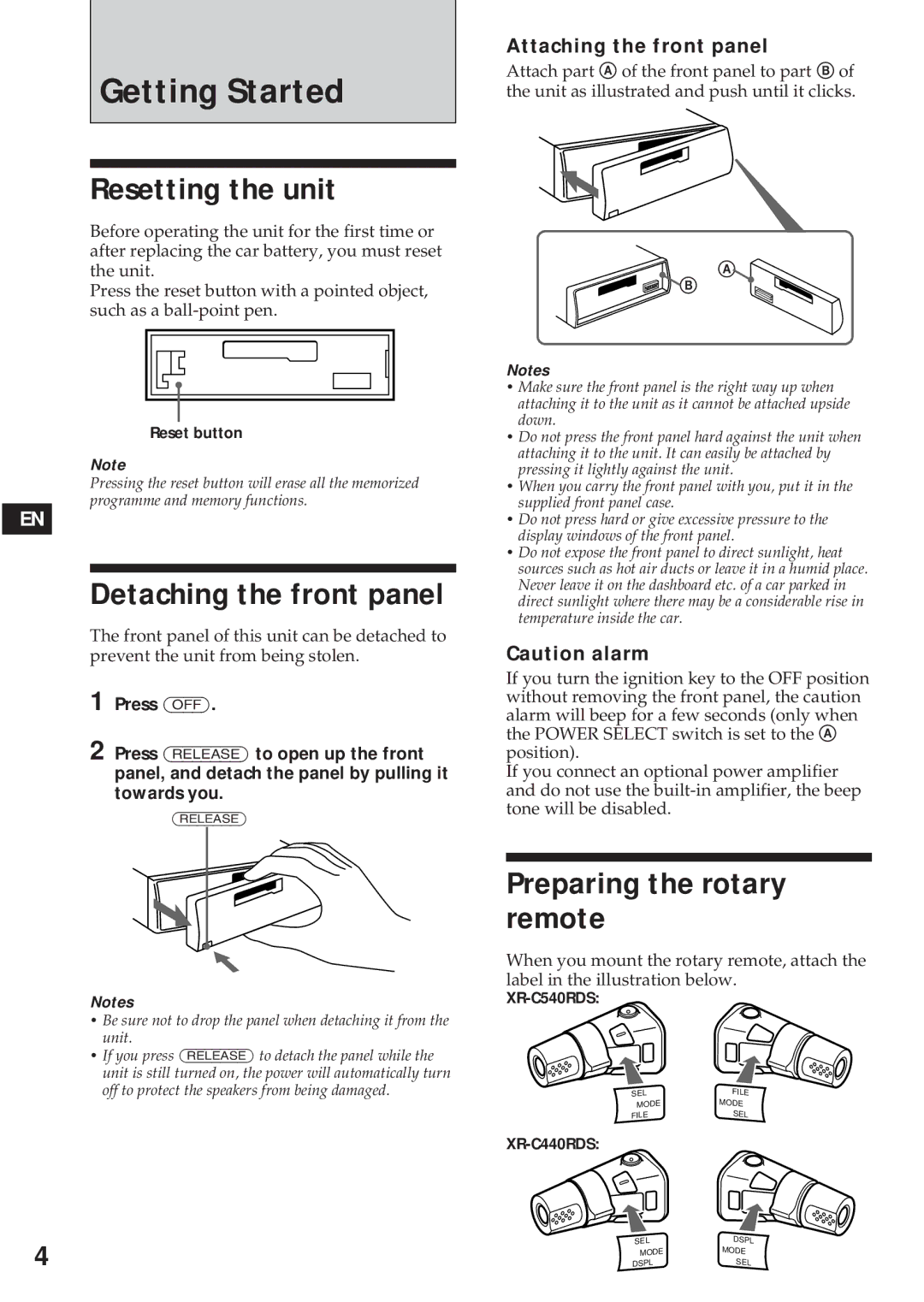 Sony XR-C440RDS, XR-C540RDS Getting Started, Resetting the unit, Detaching the front panel, Preparing the rotary remote 