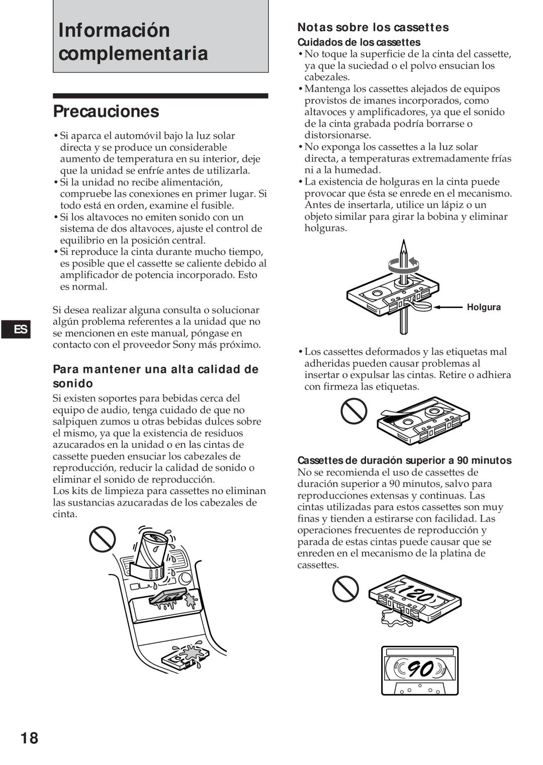 Sony XR-C440RDS, XR-C540RDS Precauciones, Para mantener una alta calidad de sonido, Notas sobre los cassettes 