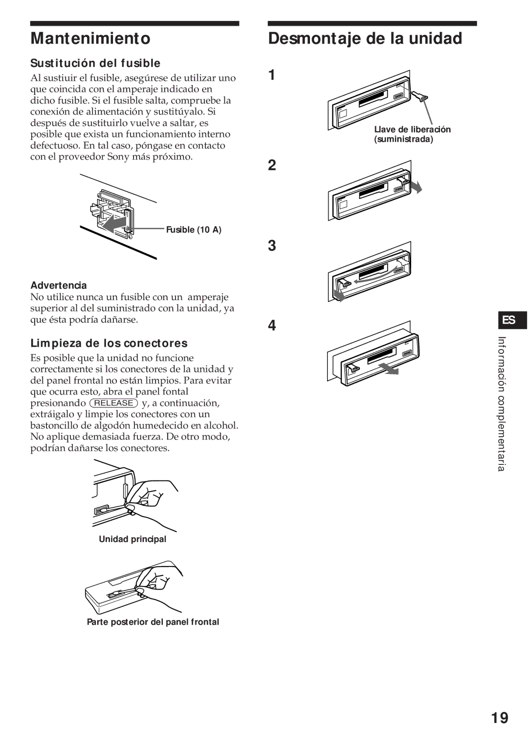 Sony XR-C540RDS Mantenimiento, Desmontaje de la unidad, Sustitución del fusible, Limpieza de los conectores, Advertencia 