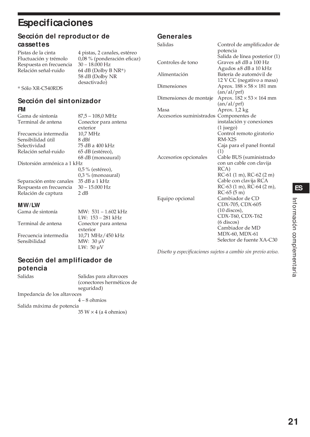 Sony XR-C540RDS, XR-C440RDS Especificaciones, Sección del reproductor de cassettes, Sección del sintonizador, Generales 