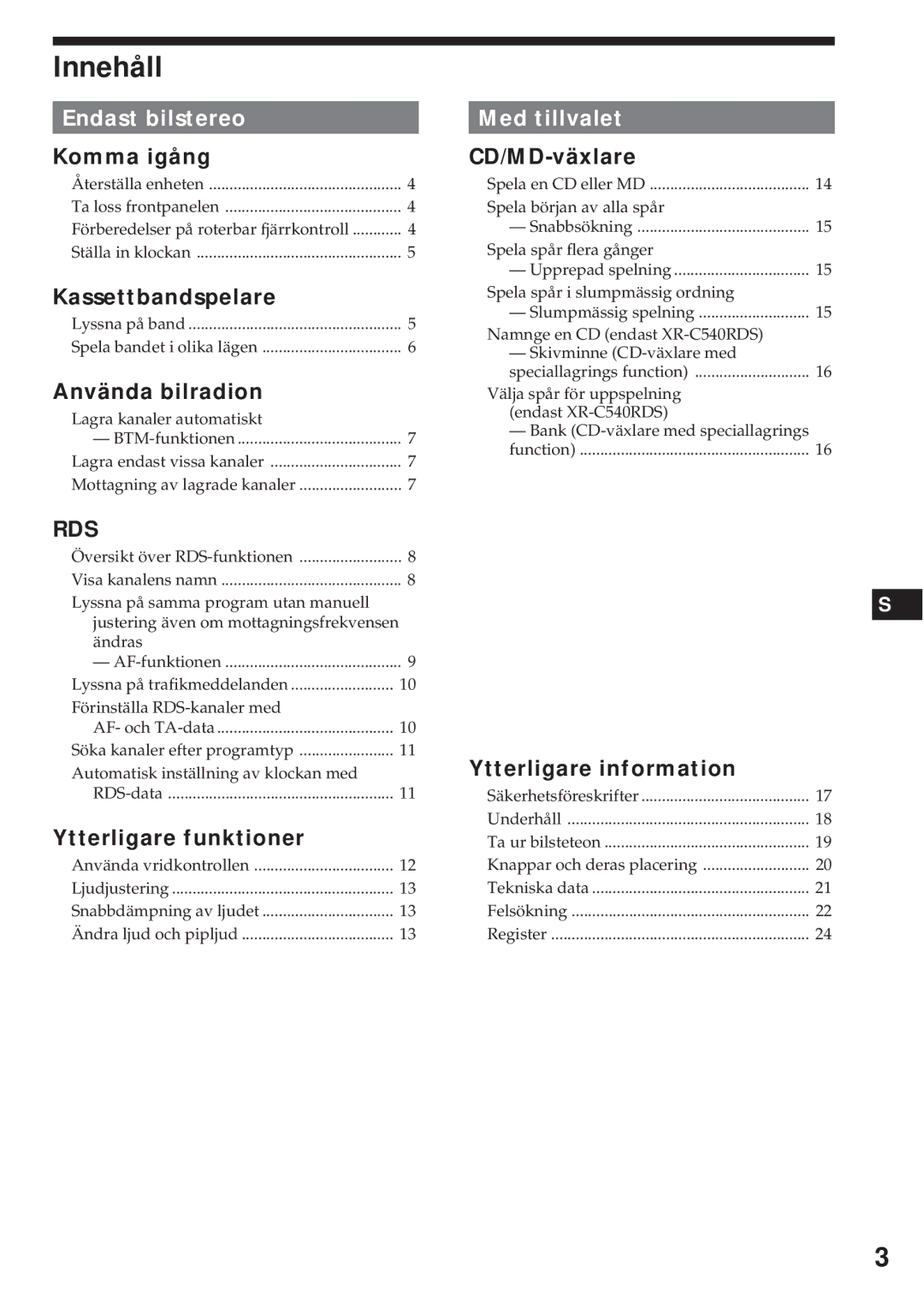 Sony XR-C540RDS, XR-C440RDS operating instructions Innehåll, Endast bilstereo 