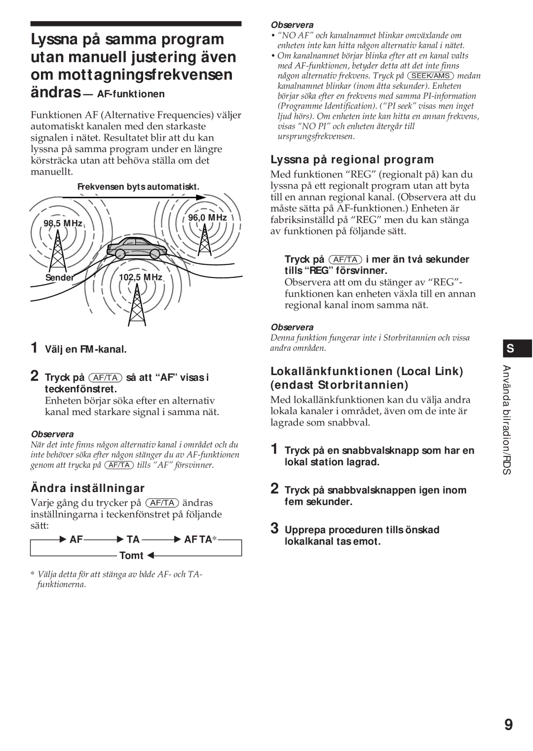 Sony XR-C540RDS Ändras AF-funktionen, Lyssna på regional program, Lokallänkfunktionen Local Link endast Storbritannien 