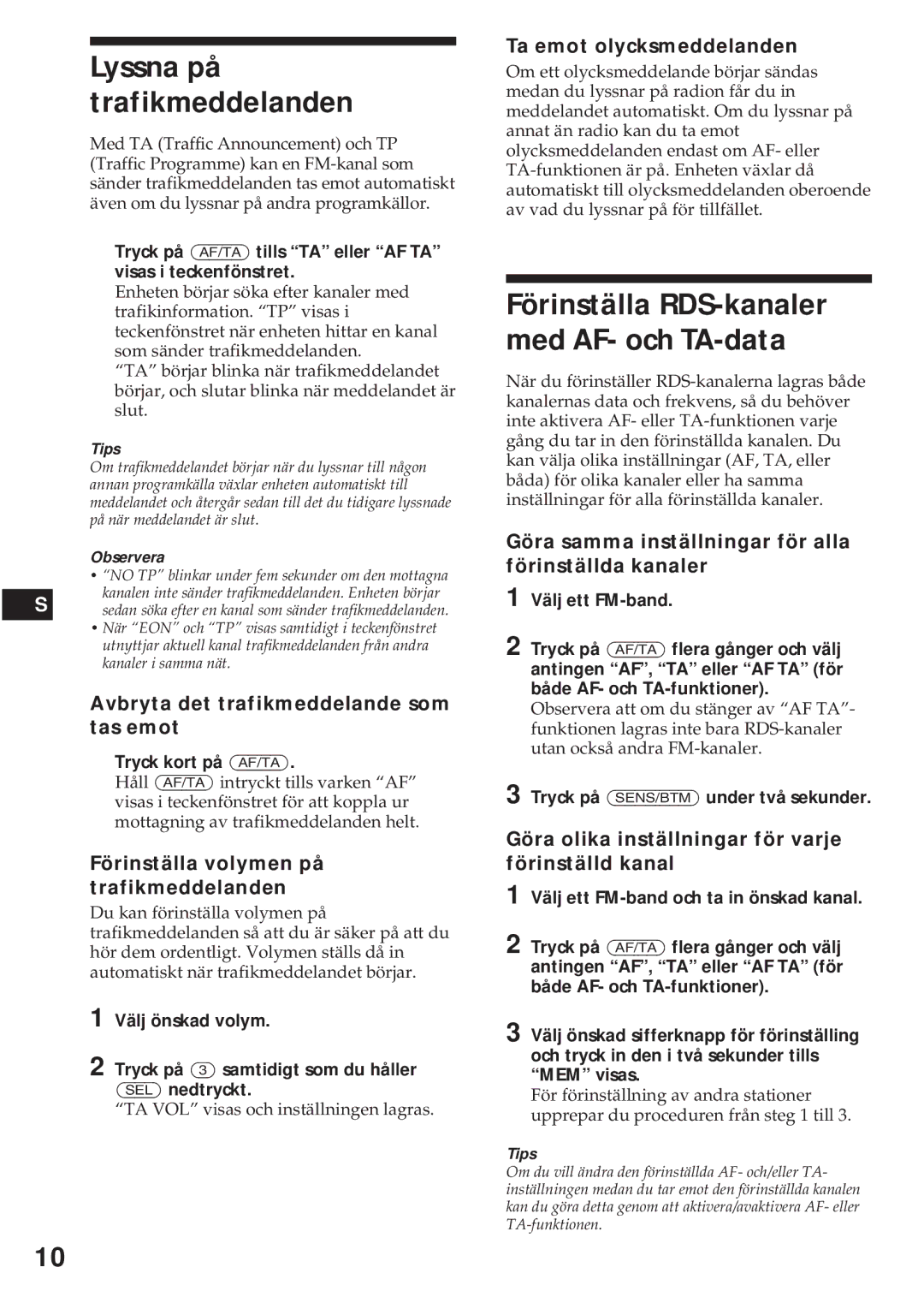 Sony XR-C440RDS, XR-C540RDS operating instructions Lyssna på trafikmeddelanden, Förinställa RDS-kanaler med AF- och TA-data 