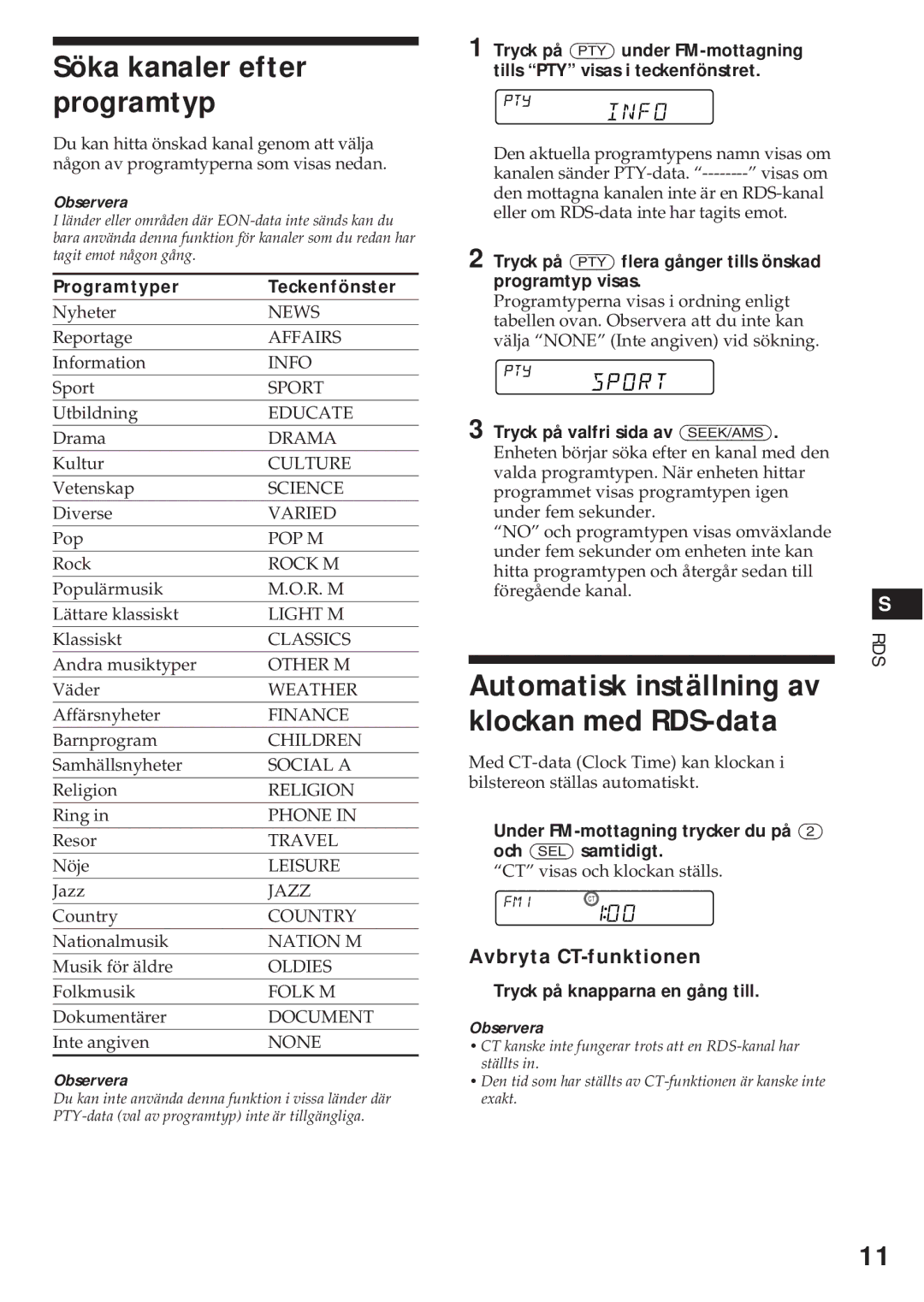 Sony XR-C540RDS Söka kanaler efter programtyp, Automatisk inställning av klockan med RDS-data, Avbryta CT-funktionen 