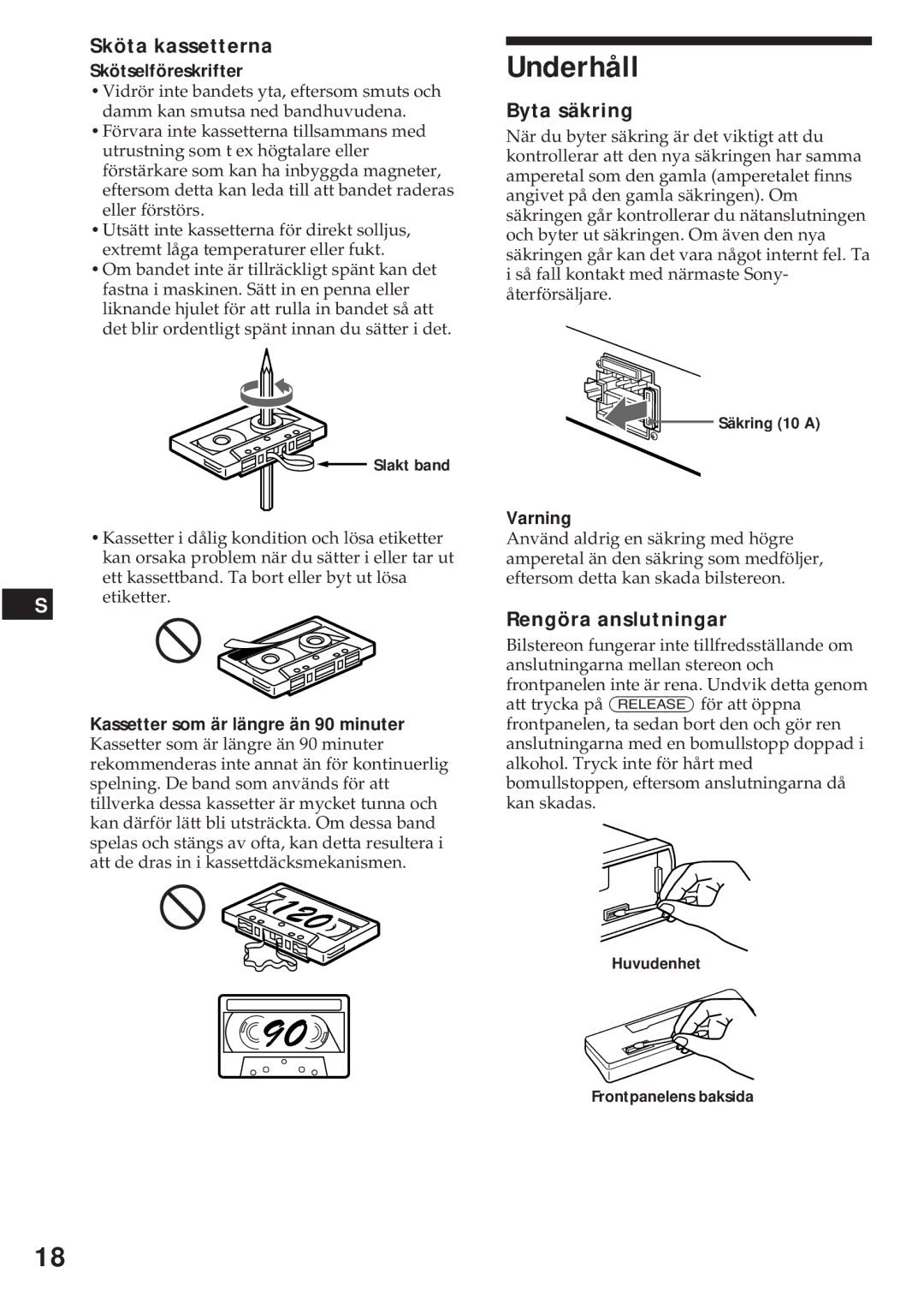 Sony XR-C440RDS, XR-C540RDS operating instructions Underhåll, Sköta kassetterna, Byta säkring, Rengöra anslutningar 