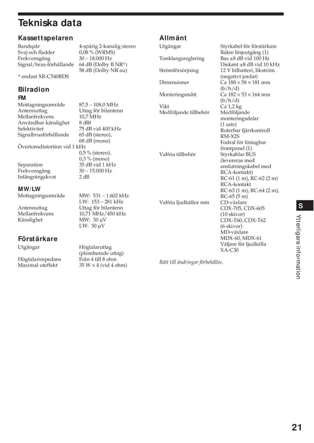 Sony XR-C540RDS, XR-C440RDS operating instructions Tekniska data, Kassettspelaren, Bilradion, Förstärkare, Allmänt 