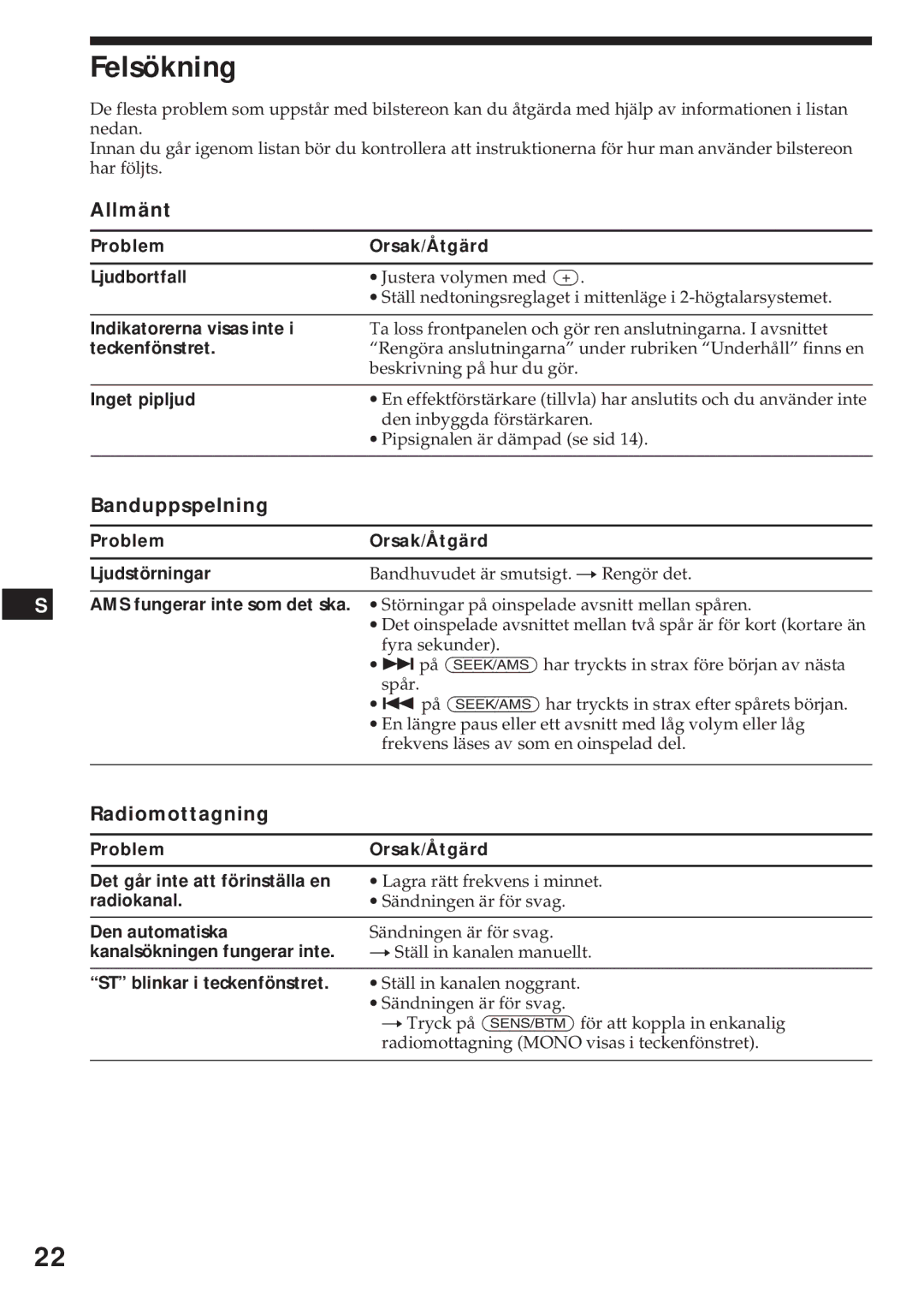 Sony XR-C440RDS, XR-C540RDS operating instructions Felsökning, Banduppspelning, Radiomottagning 