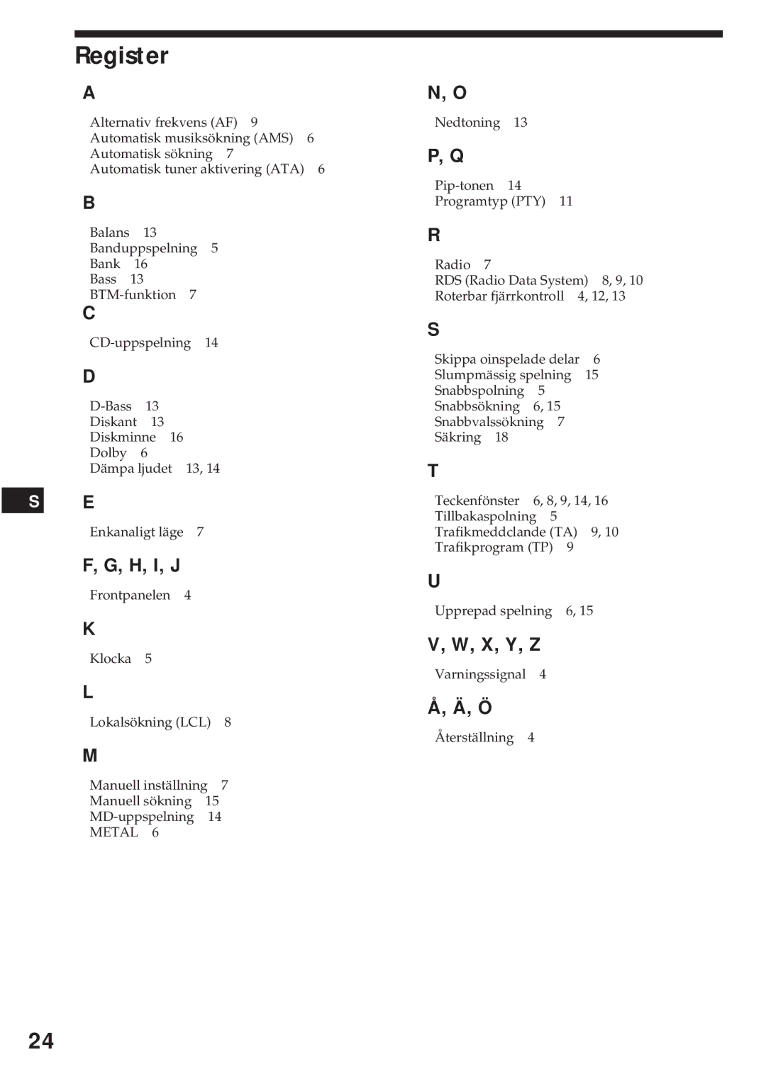 Sony XR-C440RDS, XR-C540RDS operating instructions Register 