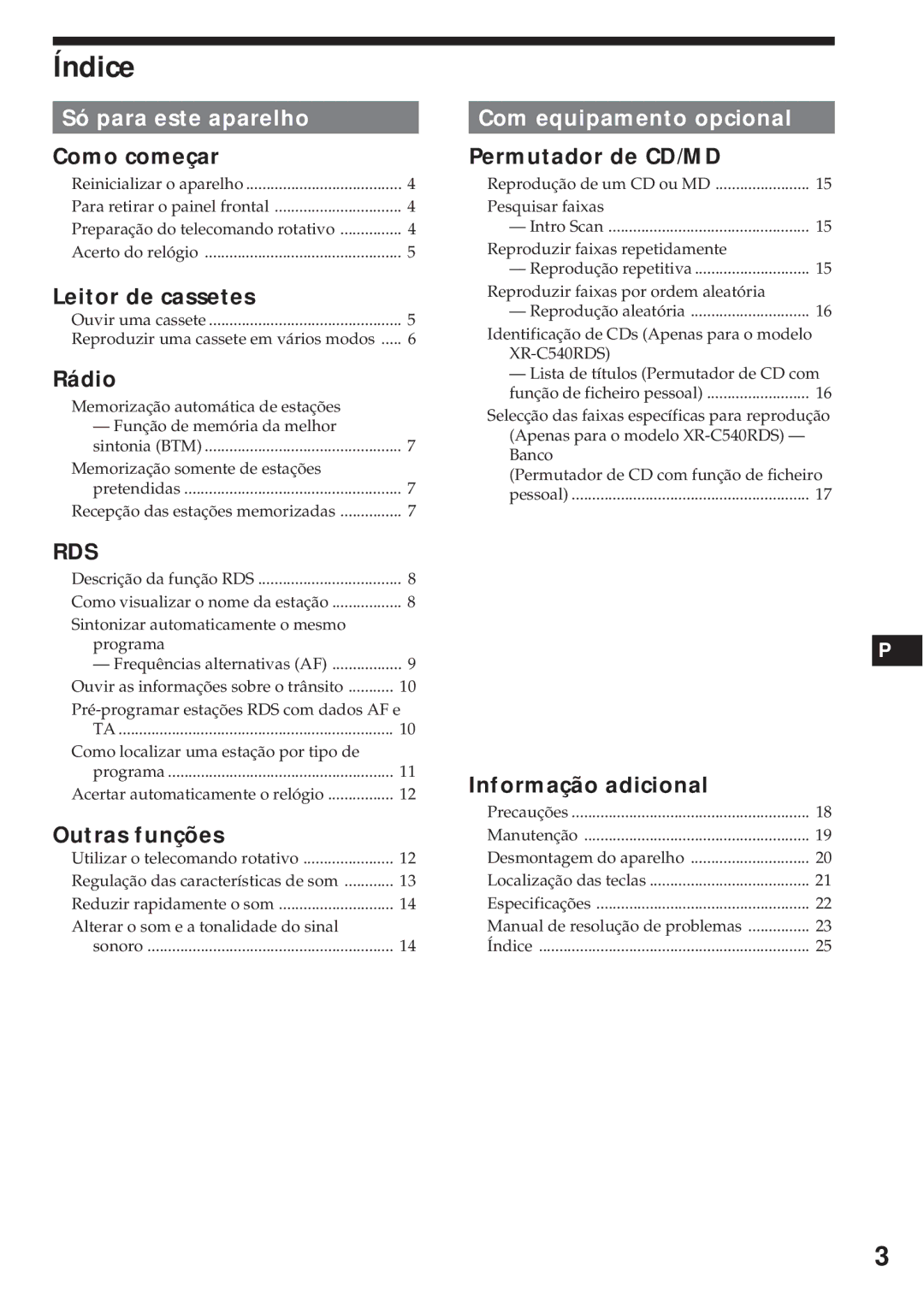 Sony XR-C540RDS, XR-C440RDS operating instructions Índice, Só para este aparelho 