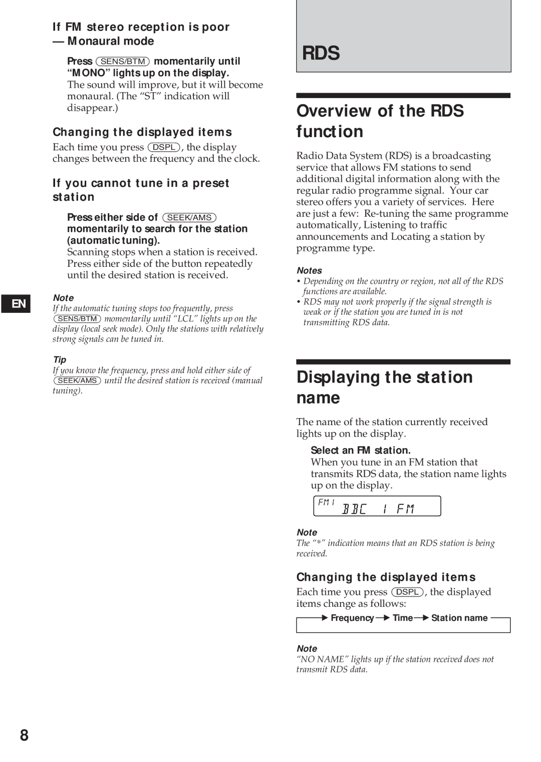 Sony XR-C440RDS Overview of the RDS function, Displaying the station name, If FM stereo reception is poor Monaural mode 