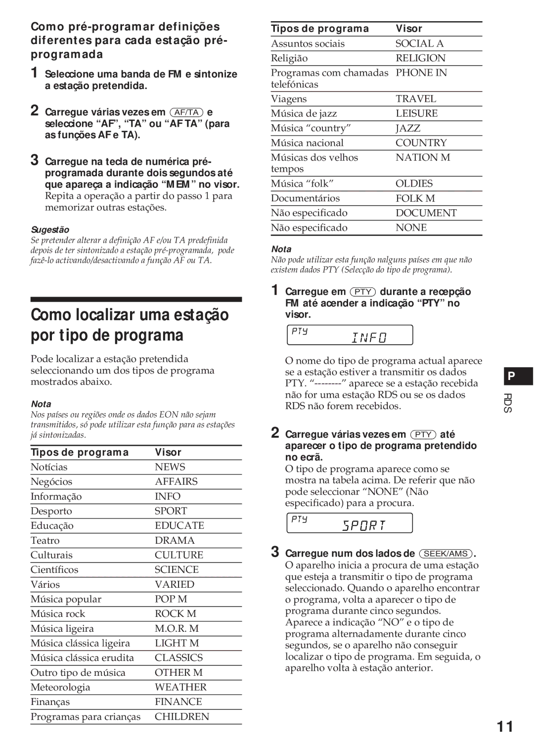 Sony XR-C540RDS, XR-C440RDS operating instructions Como localizar uma estação por tipo de programa, Tipos de programa Visor 