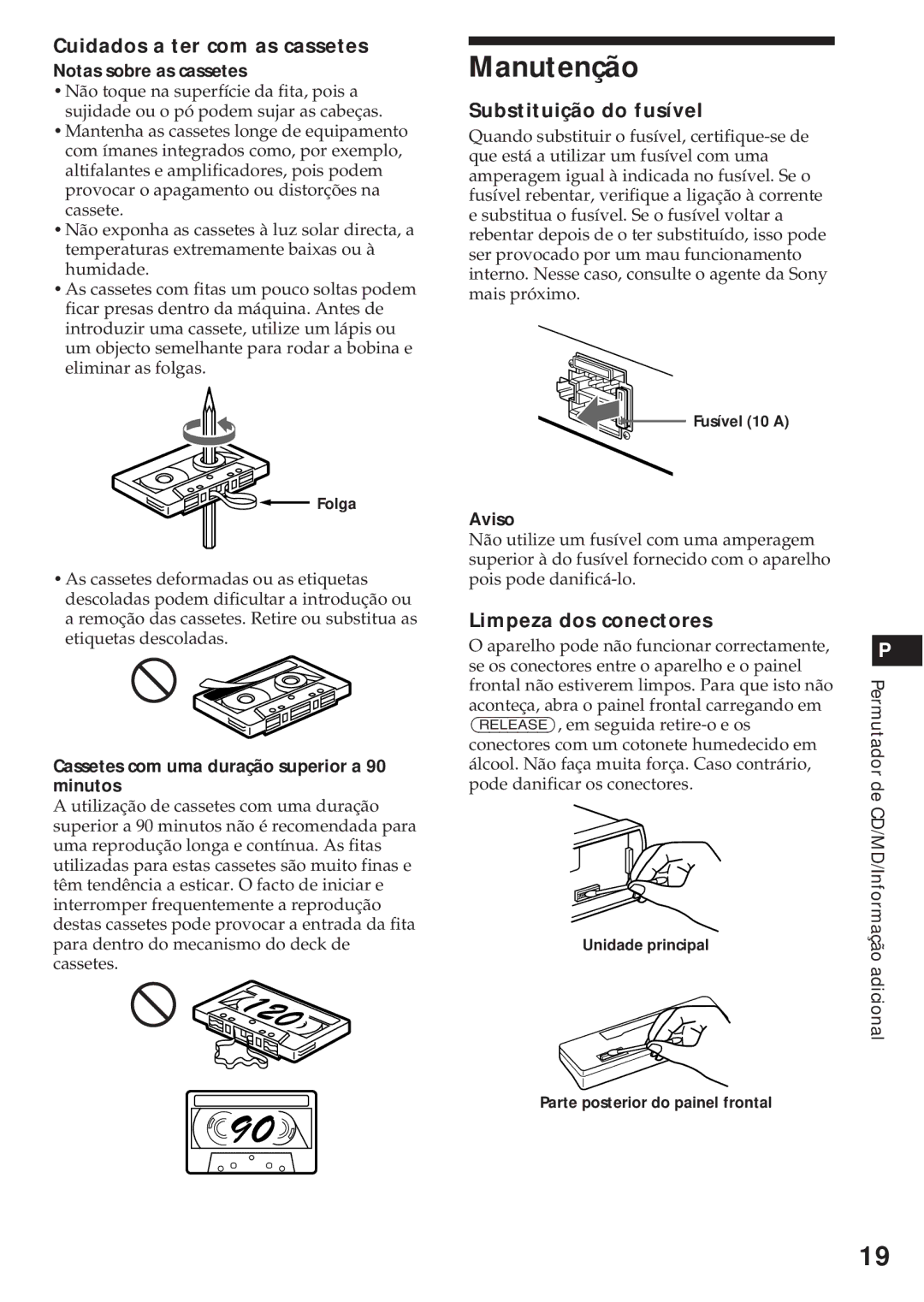 Sony XR-C540RDS, XR-C440RDS Manutenção, Cuidados a ter com as cassetes, Substituição do fusível, Limpeza dos conectores 