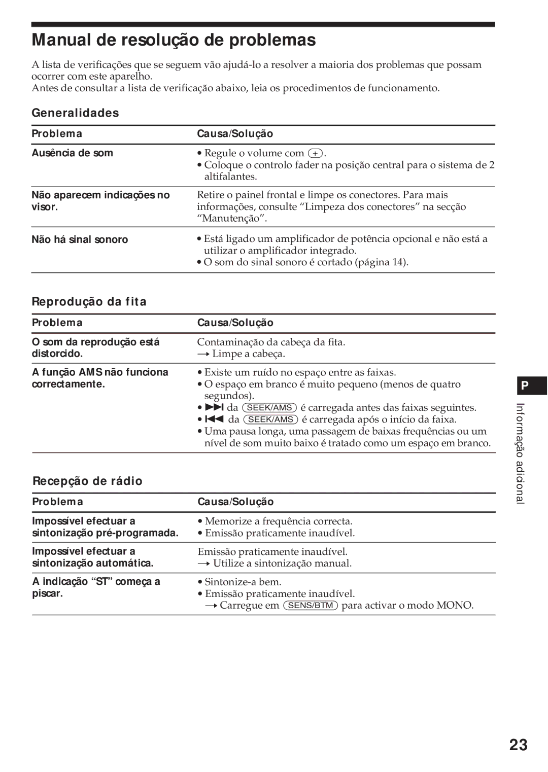 Sony XR-C540RDS, XR-C440RDS operating instructions Manual de resolução de problemas, Reprodução da fita, Recepção de rádio 