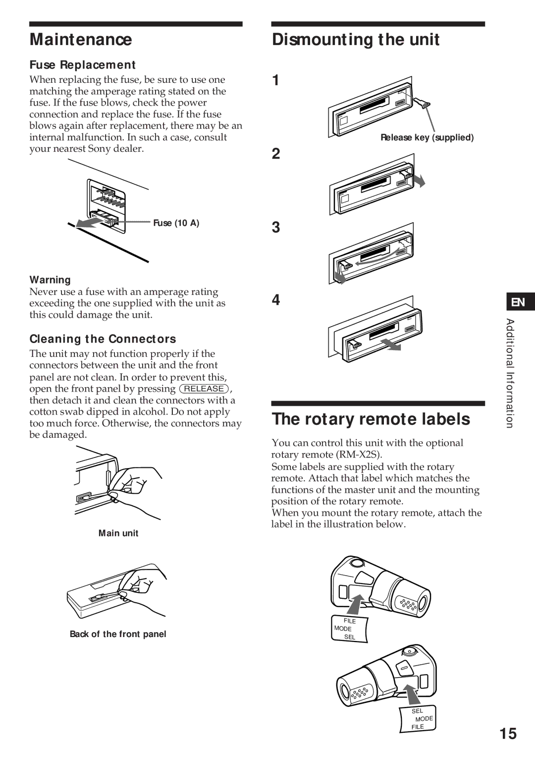 Sony XR-C450W manual Maintenance, Dismounting the unit, Rotary remote labels, Fuse Replacement, Cleaning the Connectors 