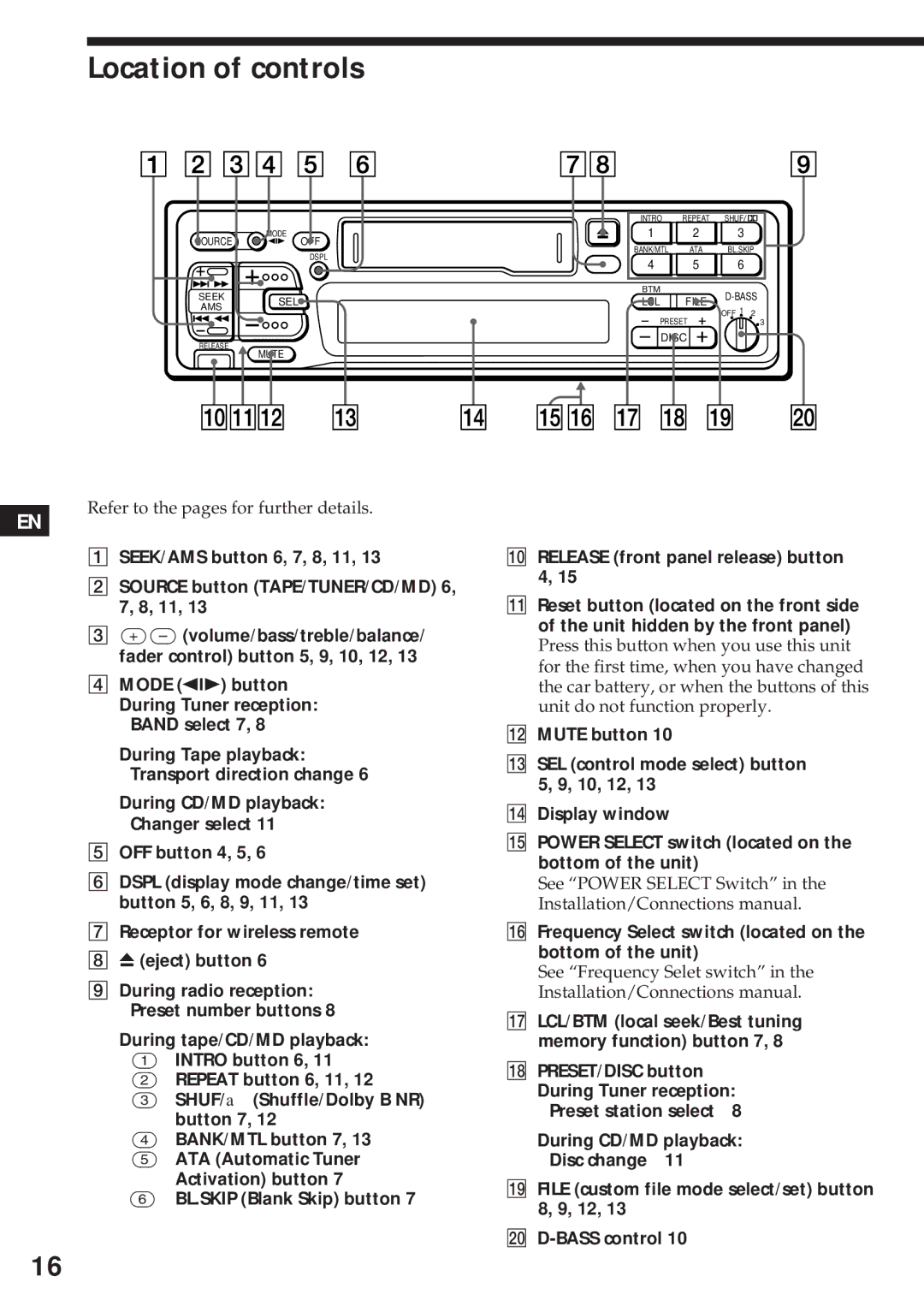 Sony XR-C450W manual Location of controls, Mode * button, ¤ Frequency Select switch located on the bottom of the unit 