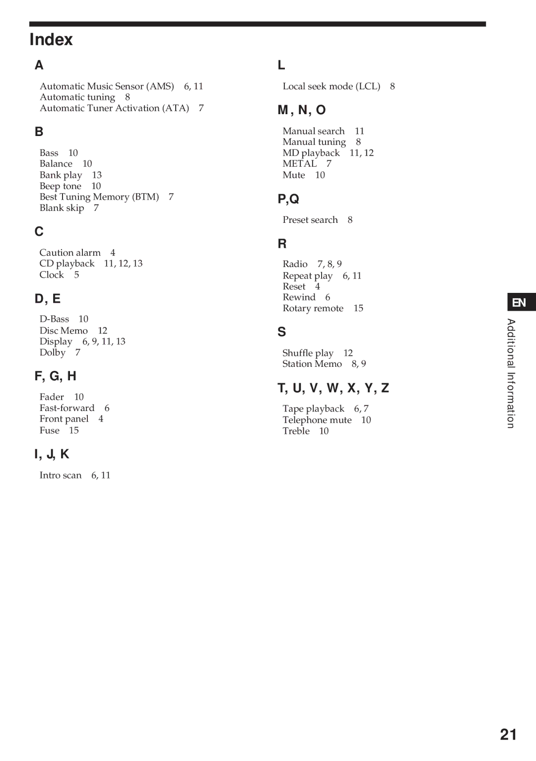 Sony XR-C450W manual Index, Metal 