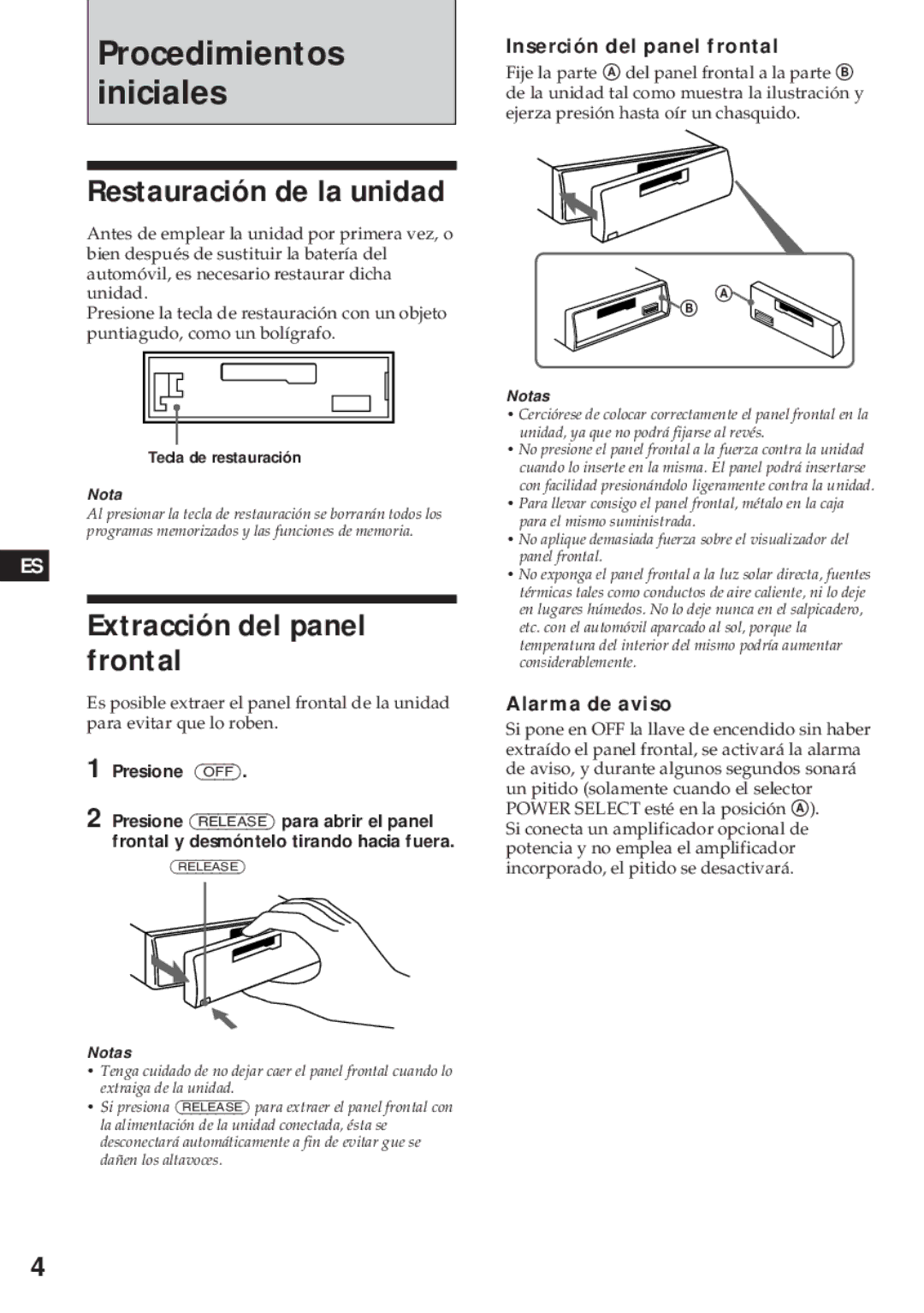 Sony XR-C450W manual Restauración de la unidad, Extracción del panel frontal, Inserción del panel frontal, Alarma de aviso 